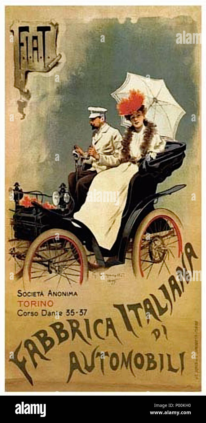 . English: F.I.A.T. Società Anonyma Torino Fabbrica Italiana d'Automobili, lithographic poster, 165 x 110 cm. 85 Poster FIAT by Giovanni Carpanetto Stock Photo