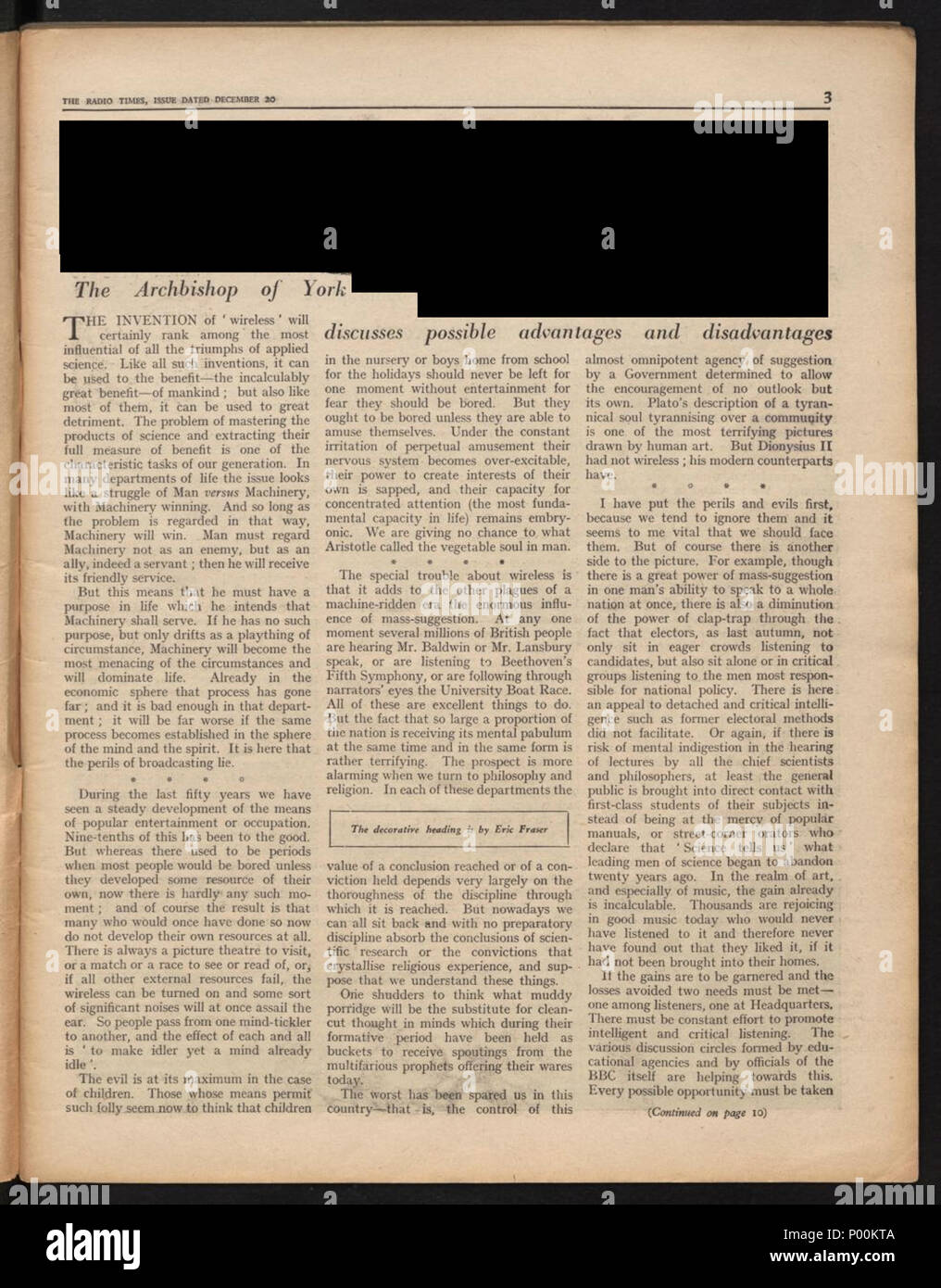 . English: Radio Times article by William Temple, Archbishop of York (died 1944). Part 1 of 2. Issue 638, National Page 3 22 December 1935 - 28 December 1935 [Non-free illustration by Eric Fraser (died 1983) obscured] 86 Radio Times - Christmas 1935 - William Temple a Stock Photo