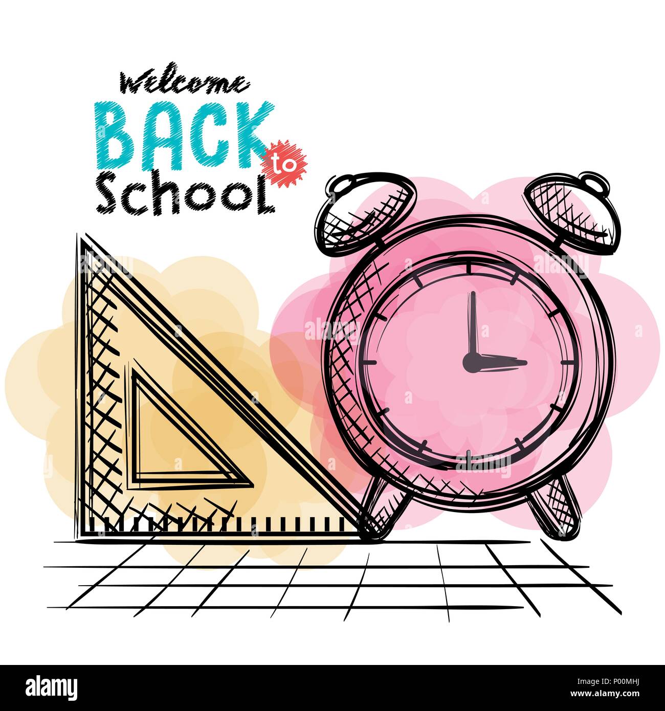 alarm clock and rule back to school drawing Stock Vector Image & Art ...