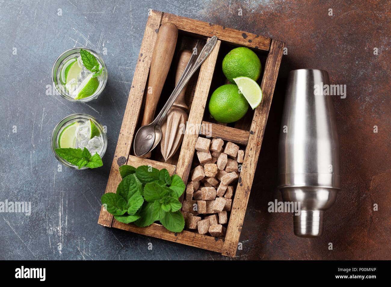 Mojito cocktail ingredients and bar accessories view Stock Photo - Alamy