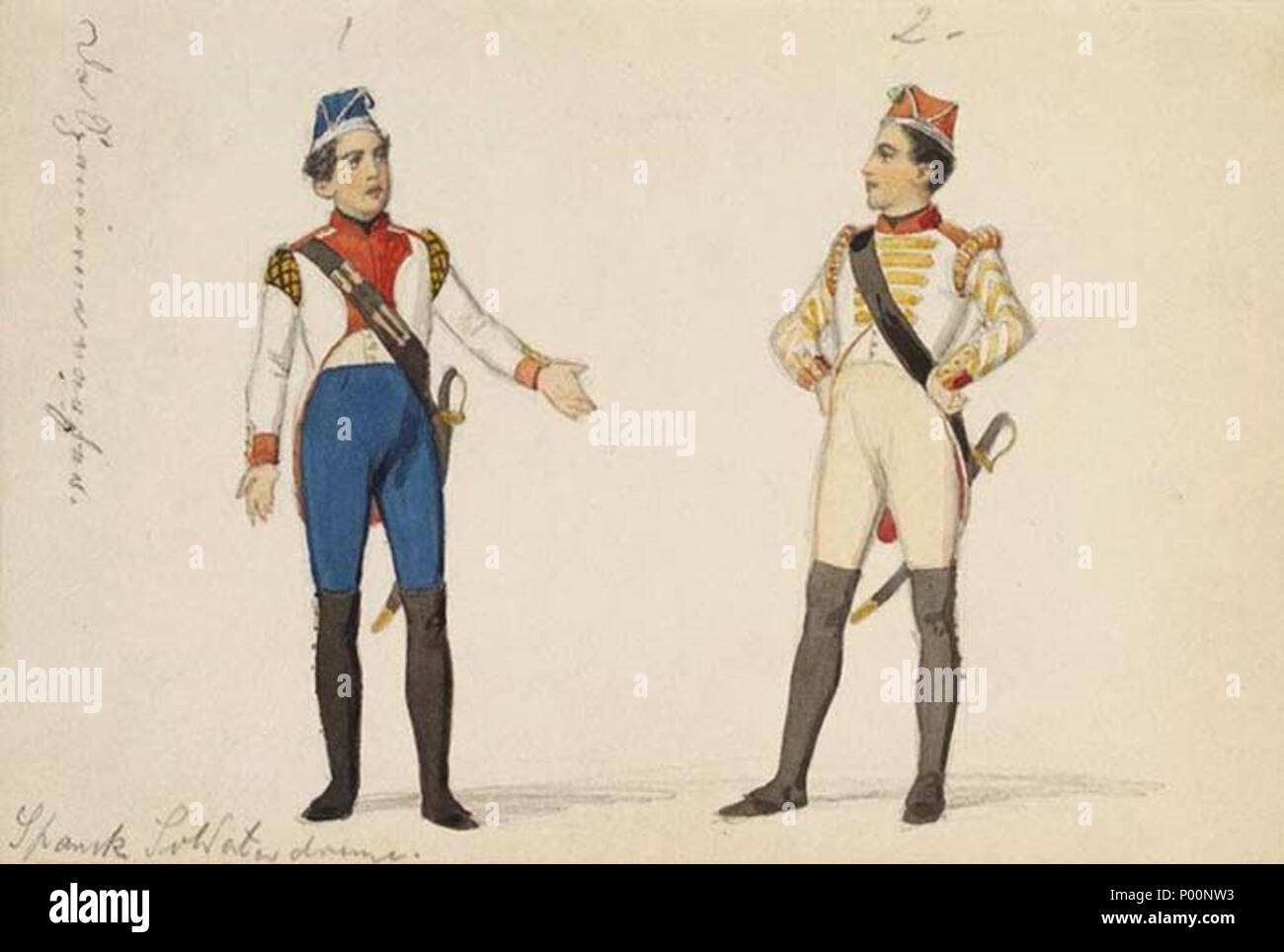 . English: Costume drawings by Edvard Lehmann for Hans Christian Andersen's Da Spanierne var her. 94 Spannish soldiers (Da Spanierne var her) Stock Photo