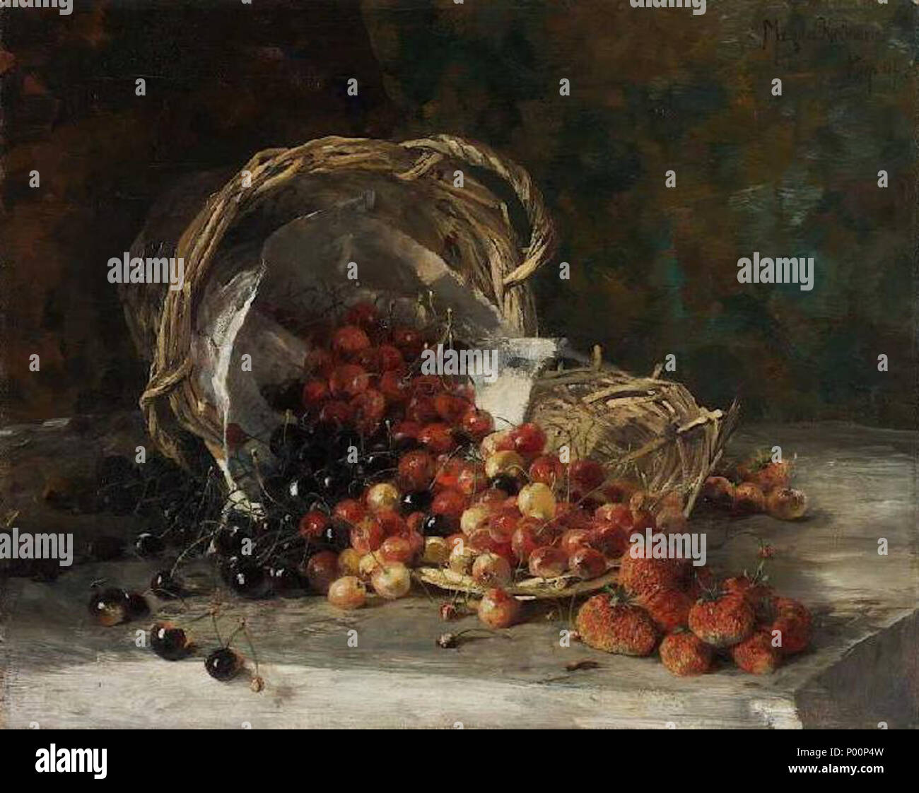 95 Stillleben mit Kirschen und Erdbeeren im geflochtenen Korb by Magda Kröner (1904) Stock Photo