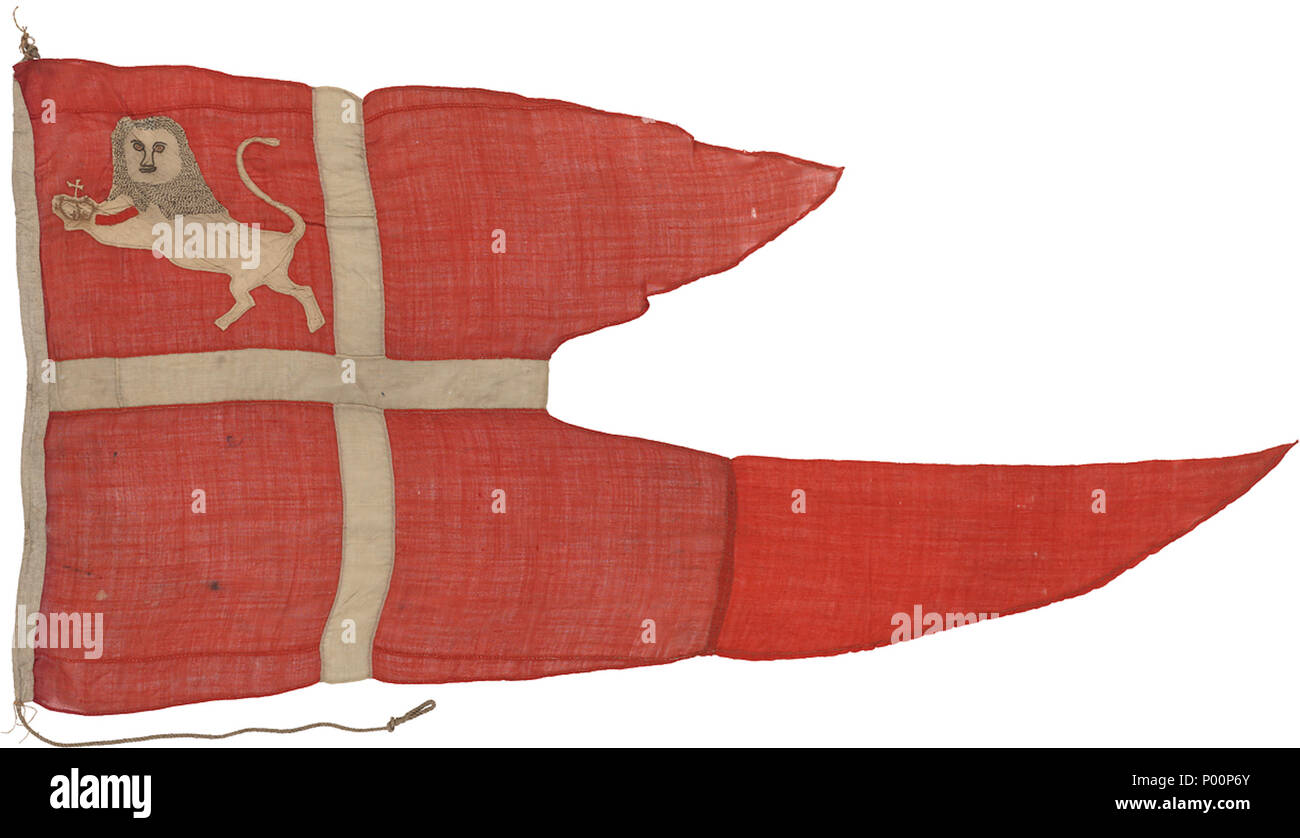 . The broad pennant of the Commander-in-Chief of the Indian Navy. The naval force of the Honourable East India Company was known as the Bombay Marine until 1830 and the Indian Navy from 1830 to 1863. The flag was established on 14 June 1848. A red swallow tailed pennant flag made of wool bunting pennant with a silk lion and appliquéd embroidered details. The hoist is linen and contains a rope halyard with a wooden toggle. The flag has a white cross and a rampant lion holding a crown in the canton. The cross and lion were originally yellow. The swallow tails are now of unequal length as the low Stock Photo