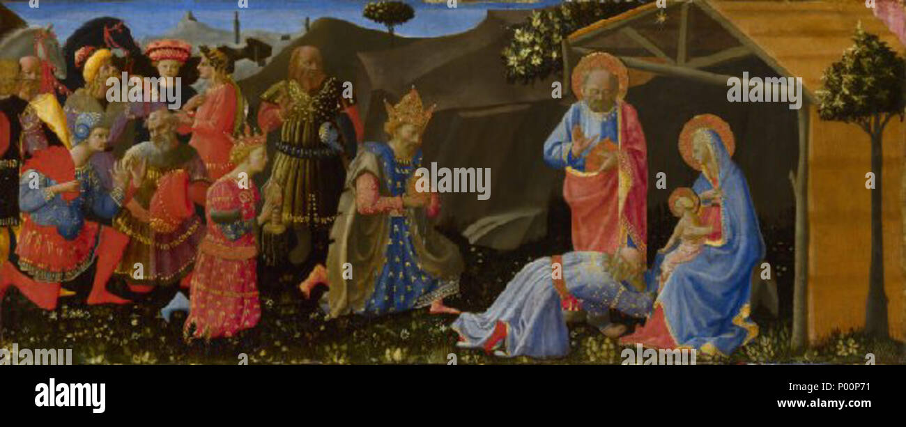 .  English: The Adoration of the Kings, about 1433-4 Medium and support: Egg tempera on wood Dimensions: 19 x 47.4 cm Bought, 1857 Inventory number: NG582  . The Adoration of the Magi . circa 1433-4. Probably by Zanobi Strozzi, 1412 - 1468 96 Strozzi adoration NG 02 Stock Photo