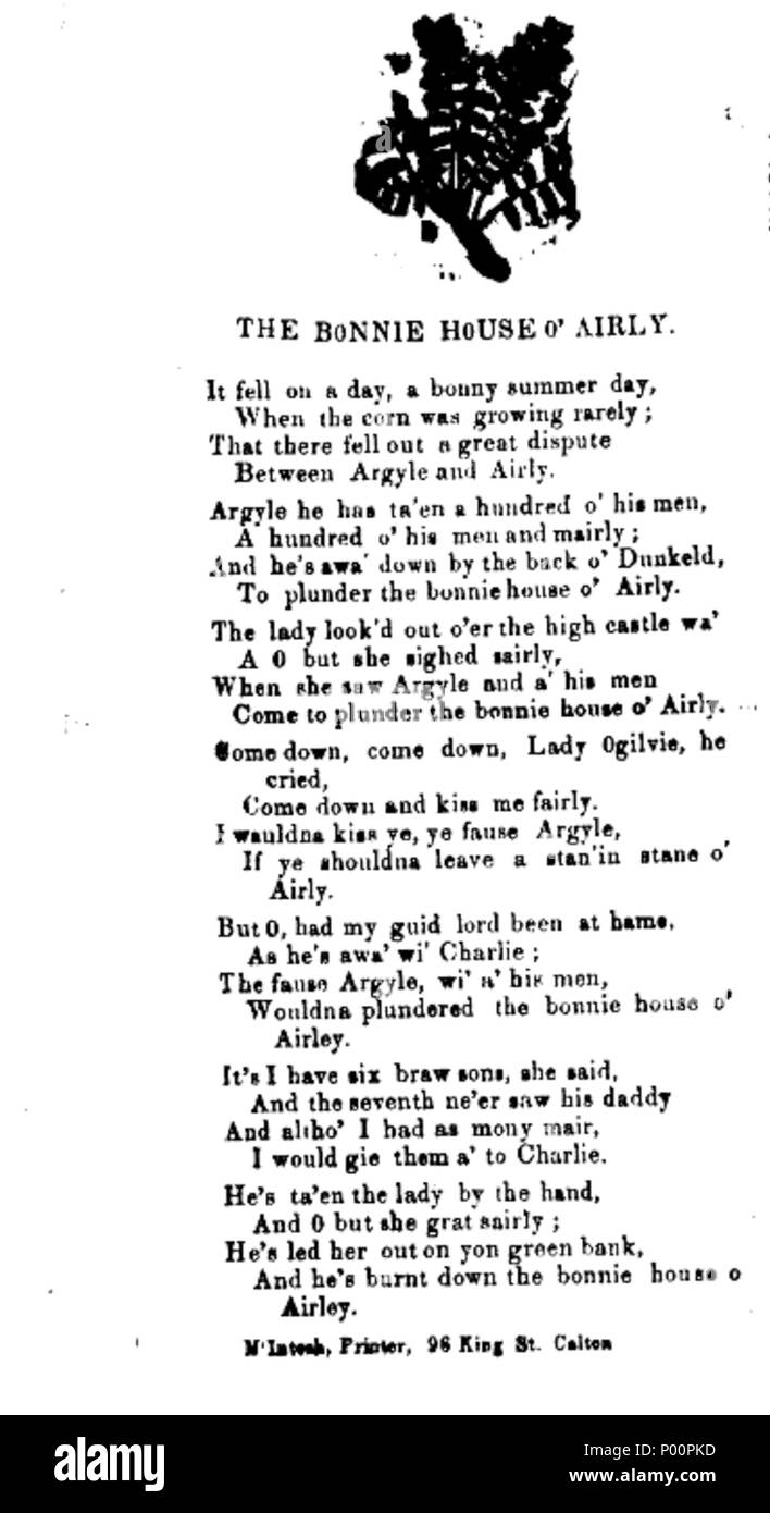 . English: A 19-century broadsheet of the ballad. 98 The bonnie house o' Airly Stock Photo