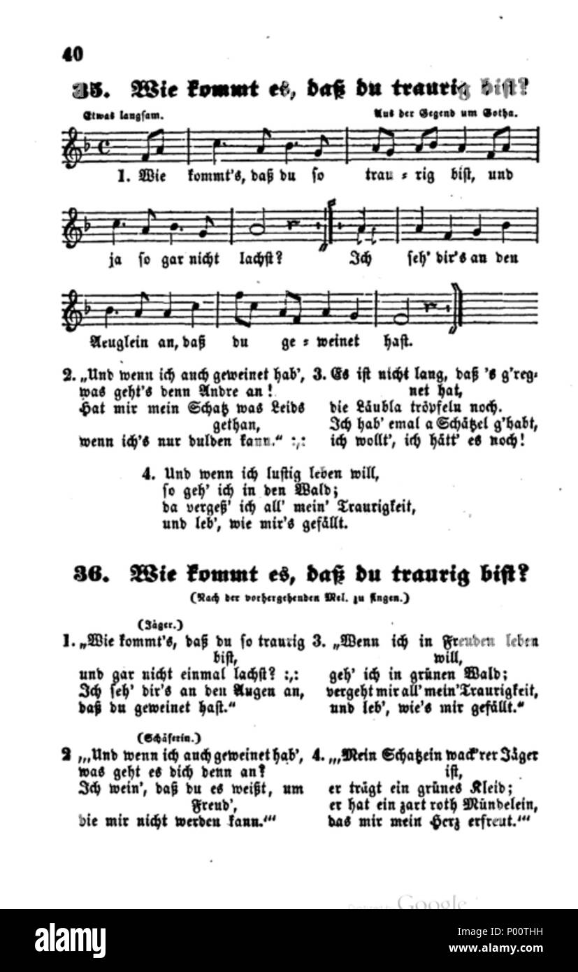 . English: A version of the song with its melody from the L. Erk's song book 'Die deutschen Volkslieder' (1838). 106 Wie kommt es, dass du traurig bist (Die deutschen Volkslieder, Erk, 1838) Stock Photo