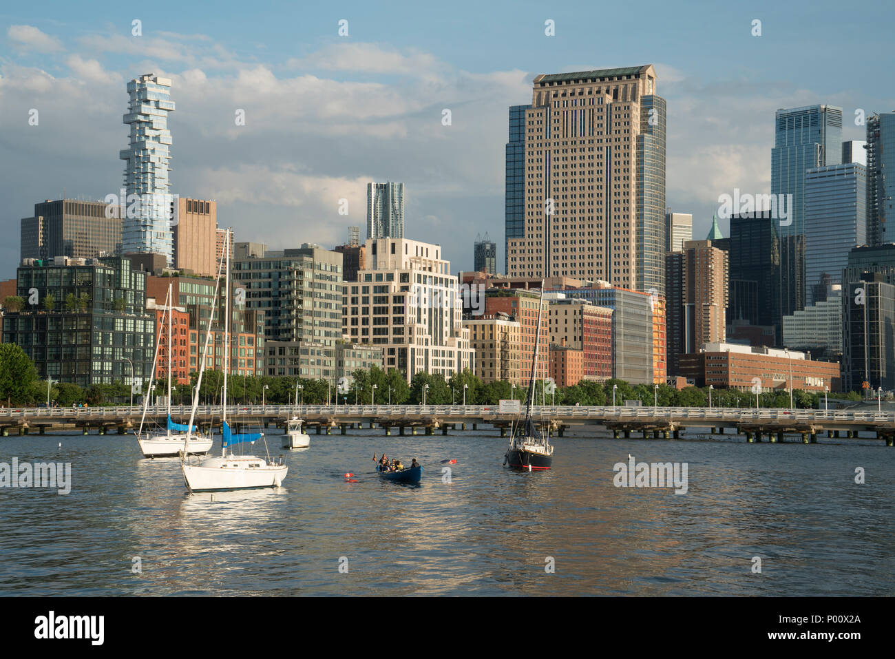 Tribeca and the Hudson River as seen from Pier 40 at Houston Street in Lower Manhattan. Stock Photo