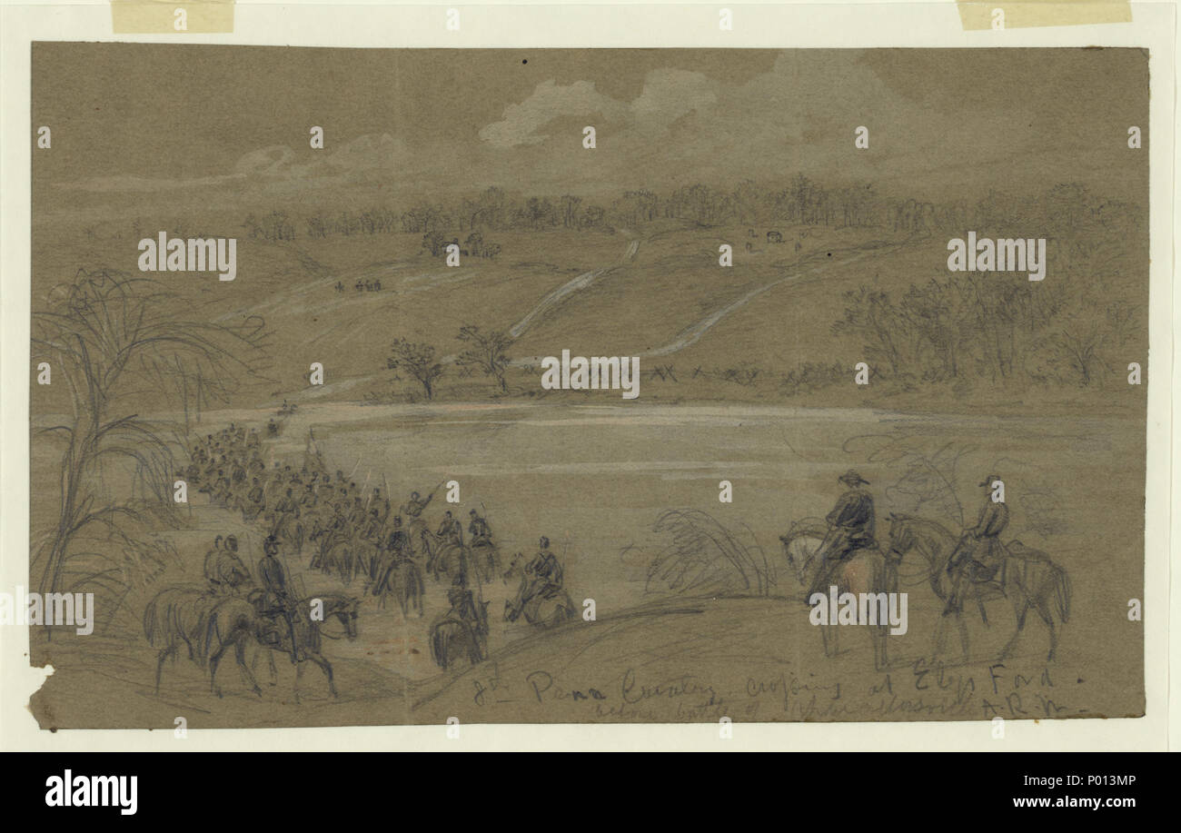. English: Title: 8th Penn Cavalry, crossing at Ely's Ford, before battle of Chancellorsville Abstract/medium: 1 drawing on olive paper : pencil and Chinese white ; 14.1 x 23.6 cm. (sheet).  . 1863. Waud, Alfred R. (Alfred Rudolph), 1828-1891, artist 23 8th Penn Cavalry, crossing at Ely's Ford, before battle of Chancellorsville LCCN2004660187 Stock Photo