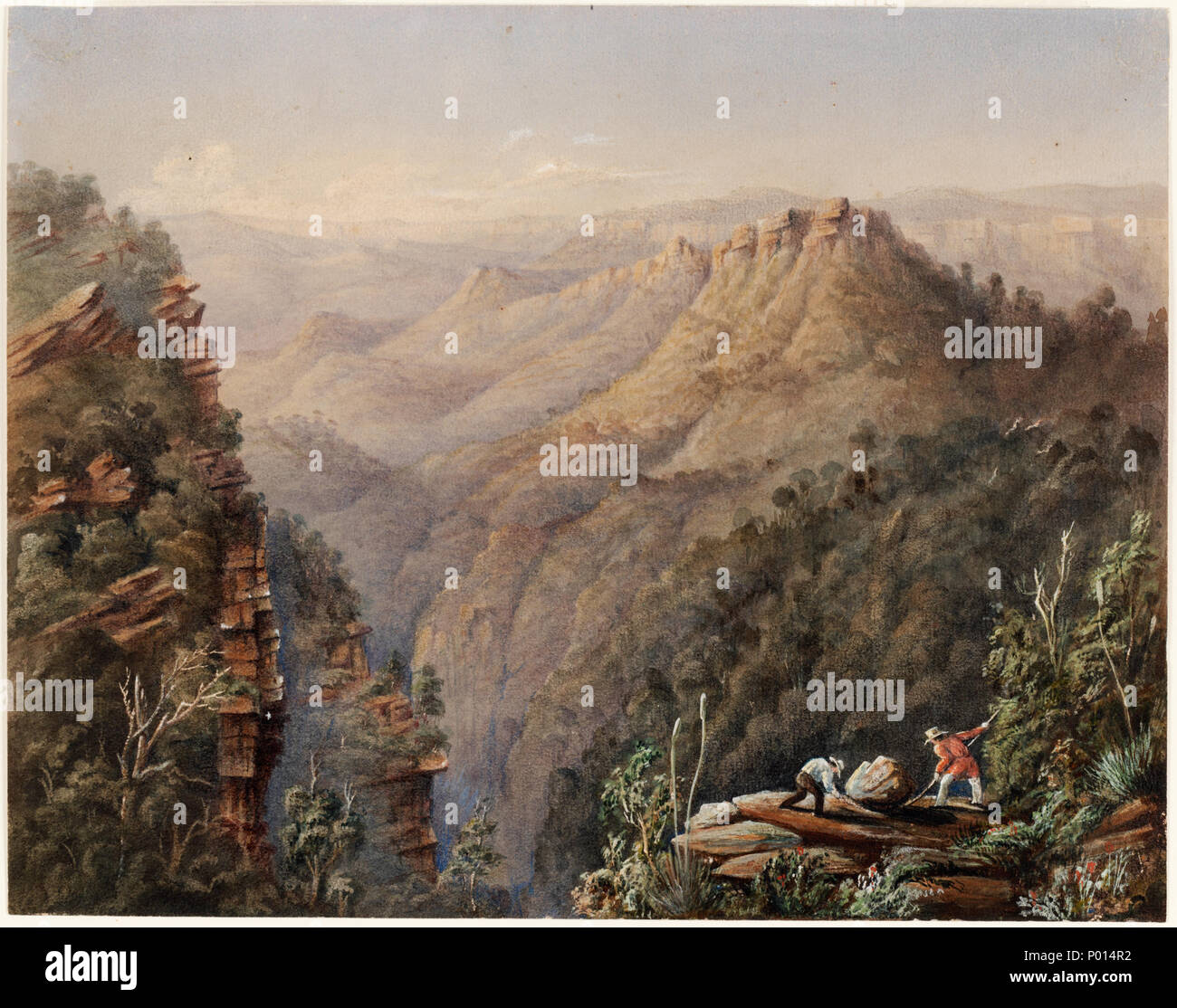 . English: Watercolour image of a road to Bathurst, showing a waterfall.  . 23 May 2013, 13:40:46. Frederick Charles Terry 2 Waterfall on the road to Bathurst Oct i.e. October 20 1851 a1528538u Stock Photo