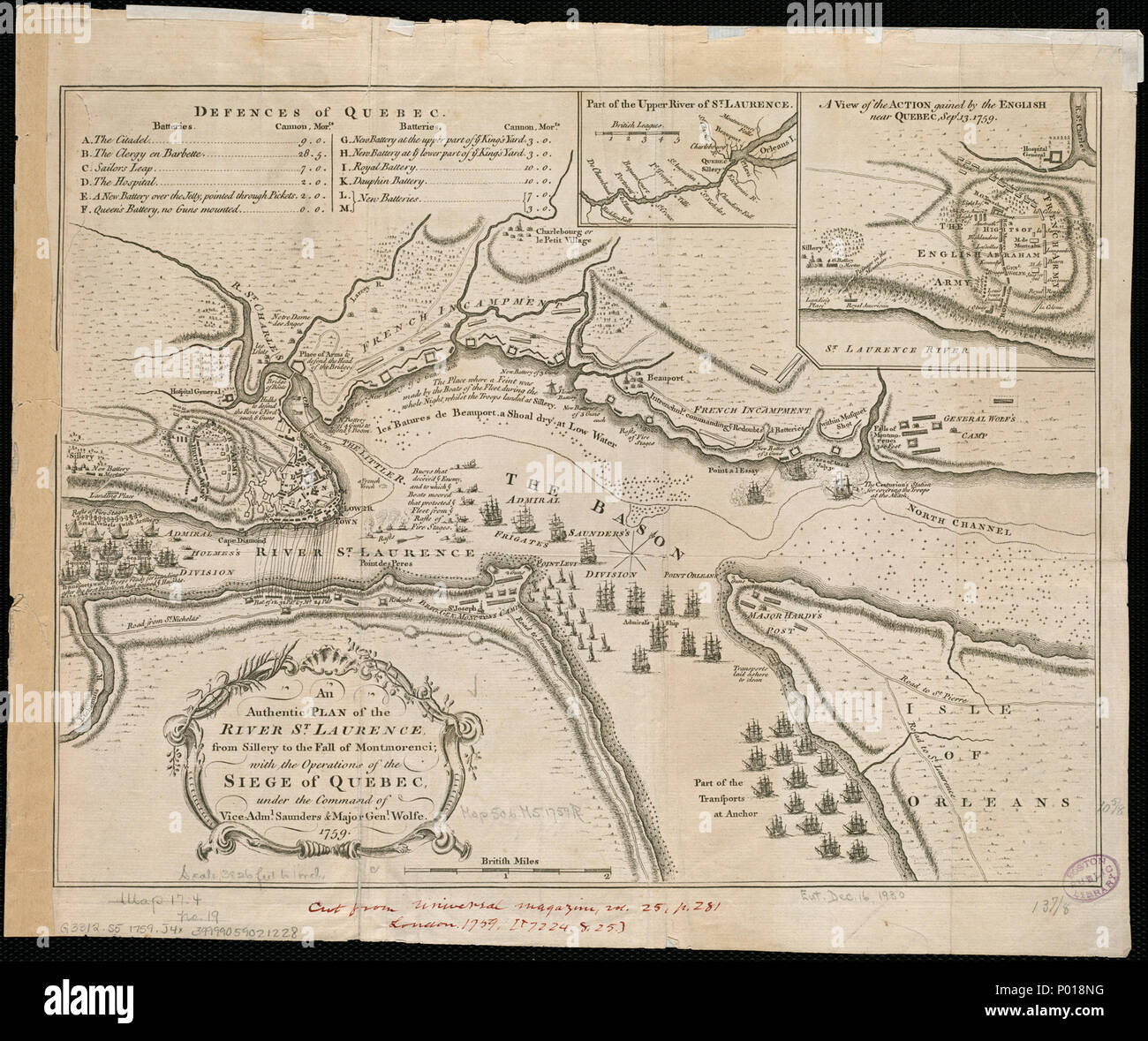 . 'An authentic plan of the River St. Laurence, from Sillery to the Fall of Montmorenci, with the operations of the Siege of Quebec, under the command of Vice-Adml. Saunders & Major Genl. Wolfe' Location: Québec (Quebec), Saint Lawrence River Cut from Universal Magazine, vol. 25, p.281, London, 1759 Dimension: 27x36cm Scale: ca. 1:35,000 Call Number: G3312.S5 1759 .J4x  . Map: 1759 (Photographic reproduction: 2009-12-30 14:47). Map:   Thomas Jefferys  (1719–1771)    Alternative names Thomas Gefferys, Thomas Jefferies, Thomas Jeffreys  Description English cartographer and geographer  Date of bi Stock Photo
