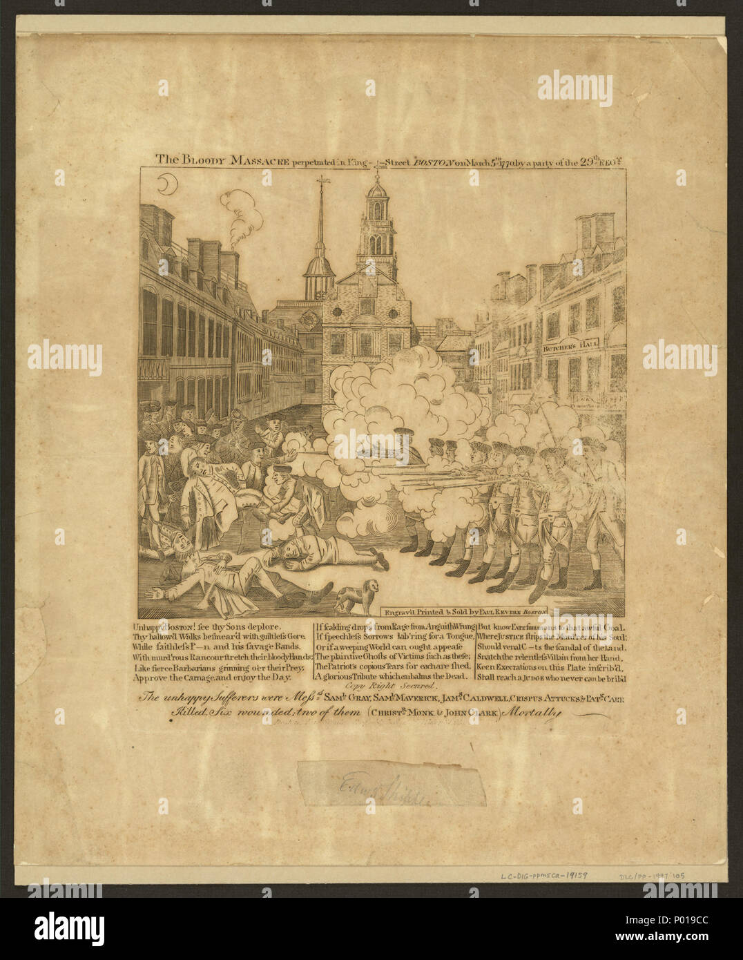 . Print shows British troops firing on a group of citizens on a street in Boston, Massachusetts, with the Royal Custom House known as 'Butcher's Hall' on the right, the First Church and Town House in the background. Some of the wounded are being carried away from the scene, others lie in the street. Includes 18 lines of verse and a list of those killed and wounded.  . 'The bloody massacre perpetrated in King Street Boston on March 5th 1770 by a party of the 29th Regt. / engrav'd, printed & sold by Paul Revere, Boston.' 'Print shows British troops firing on a group of citizens on a street in Bo Stock Photo