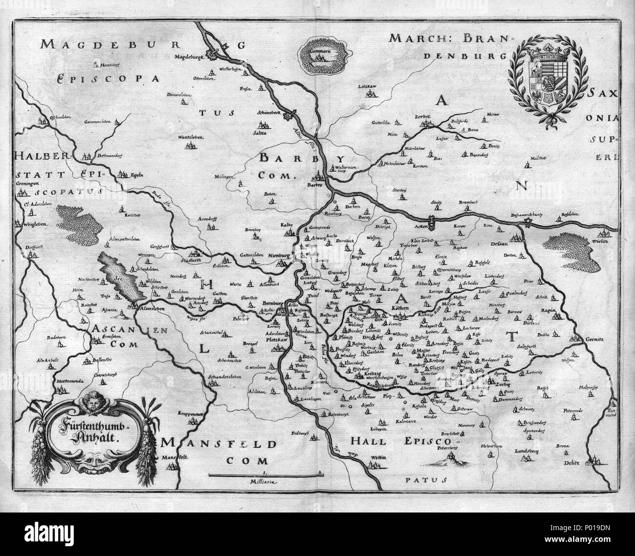 .  Deutsch: Karte des Fürstentums Anhalt, heute Sachsen-Anhalt, Deutschland English: Map of the Principality of Anhalt, today Saxony-Anhalt, Germany . before 1650 4 Anhalt (Merian) Stock Photo