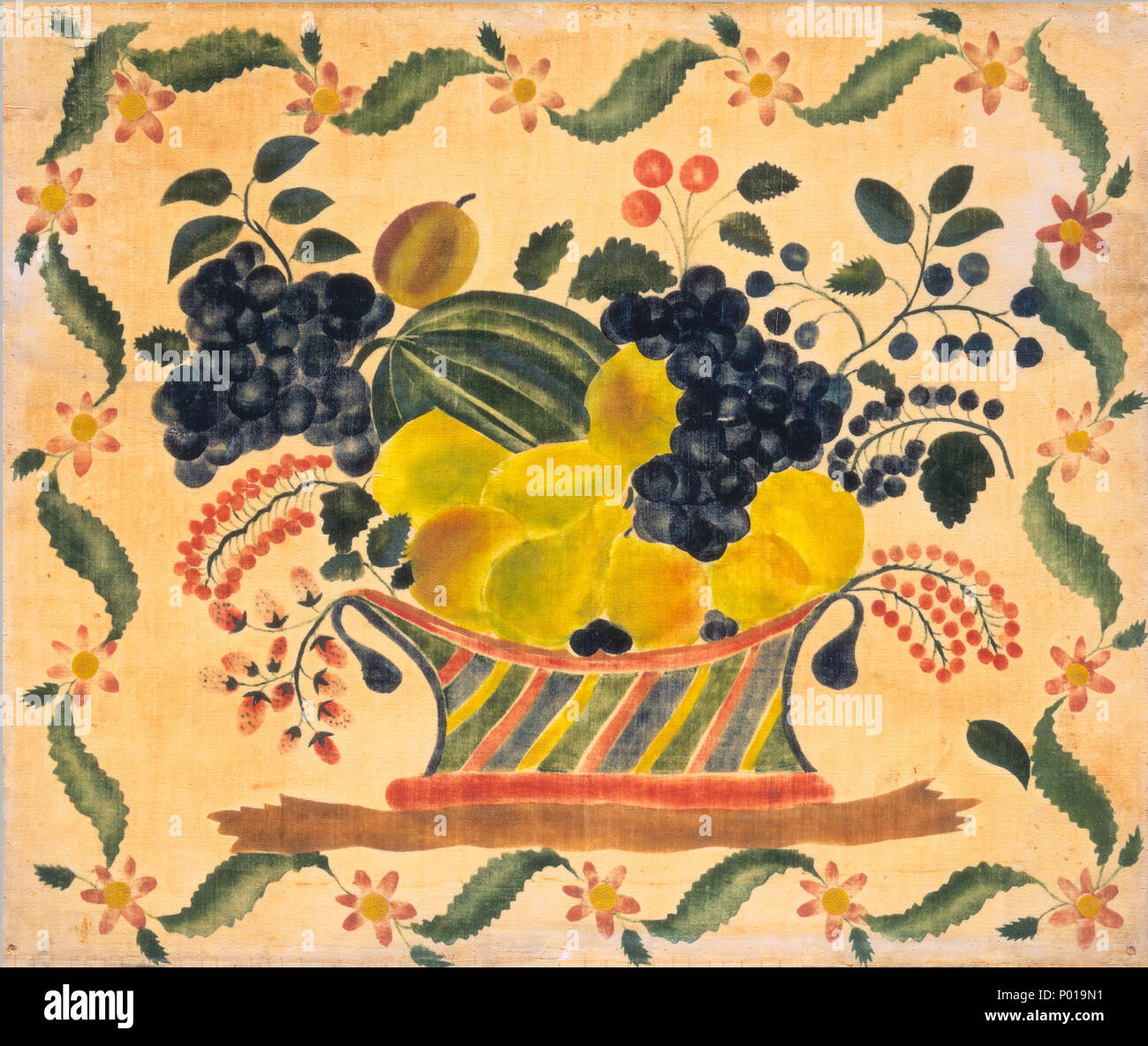 American 19th Century, Basket of Fruit, c. 1830, watercolor on velveteen (theorem painting), Gift of Edgar William and Bernice Chrysler Garbisch 4 Basket of Fruit SC-000841 Stock Photo