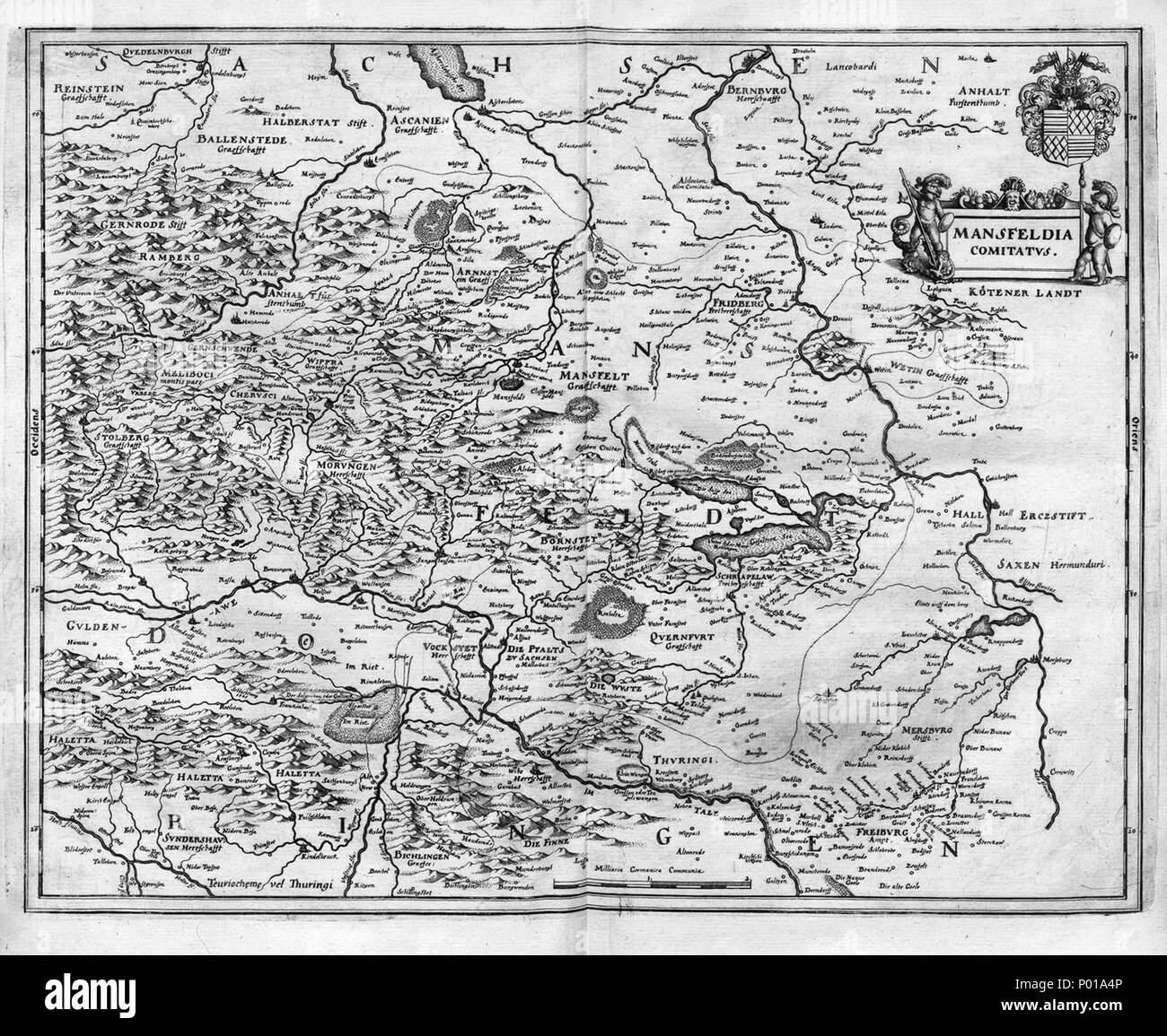.  Deutsch: Karte der Grafschaft Mansfeld, Sachsen-Anhalt, Deutschland English: Map of Mansfeld County, Saxony Anhalt, Germany . before 1650 15 Mansfeldia (Merian) Stock Photo
