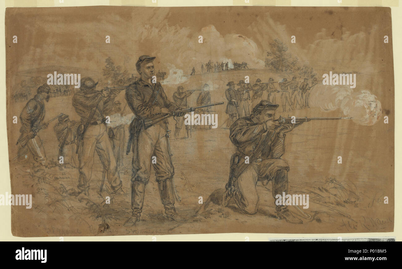 . English: Title: 1st Maine Cavalry Skirmishing Abstract/medium: 1 drawing on brown paper : pencil and Chinese white ; 20.7 x 35.4 cm. (sheet).  . 1863. Waud, Alfred R. (Alfred Rudolph), 1828-1891, artist 21 1st Maine Cavalry Skirmishing LCCN2004661375 Stock Photo