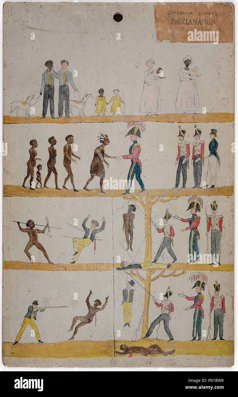. Governor Davey's [sic] Proclamation to the Aborigines, 1816 [sic]. Painting - oil painting on huon pine board, rectangular in shape with rounded corners and hole at top centre for suspension - 35.7 x 22.6 x 1 cm. The image depicts four scenes: Peaceful intermingling of white settlers and Aborigines, all dressed in European clothing An Aboriginal group shake hands with Governor Arthur watched on by peaceful white soldiers/settlers An Aboriginal man spears a white settler, and is consequently hanged by the military under the watch of Governor Arthur An white settler shoots an Aboriginal man an Stock Photo