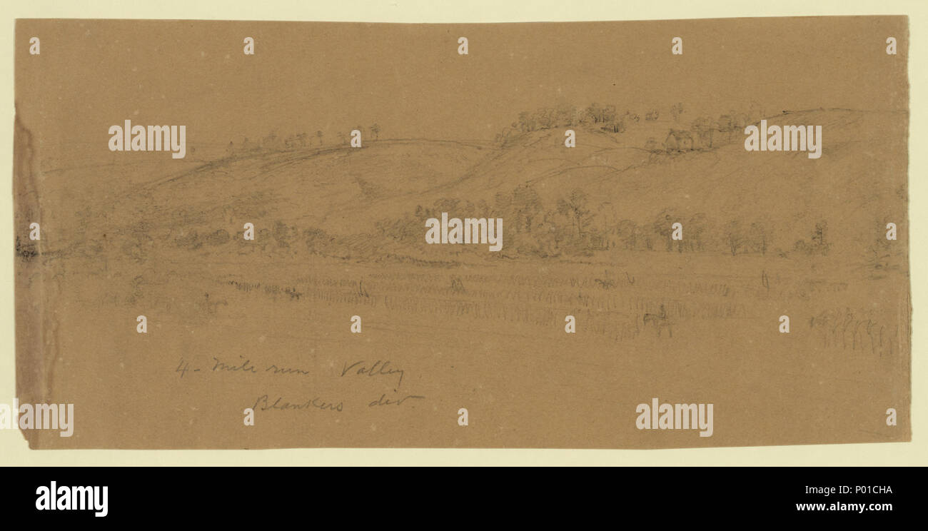 . English: Title: 4-Mile Run Valley. Blankers [sic] div Abstract/medium: 1 drawing on tan paper : pencil ; 12.2 x 25.6 cm. (sheet).  . 1861. Waud, Alfred R. (Alfred Rudolph), 1828-1891, artist 22 4-Mile Run Valley. Blankers (sic) div LCCN2004660501 Stock Photo