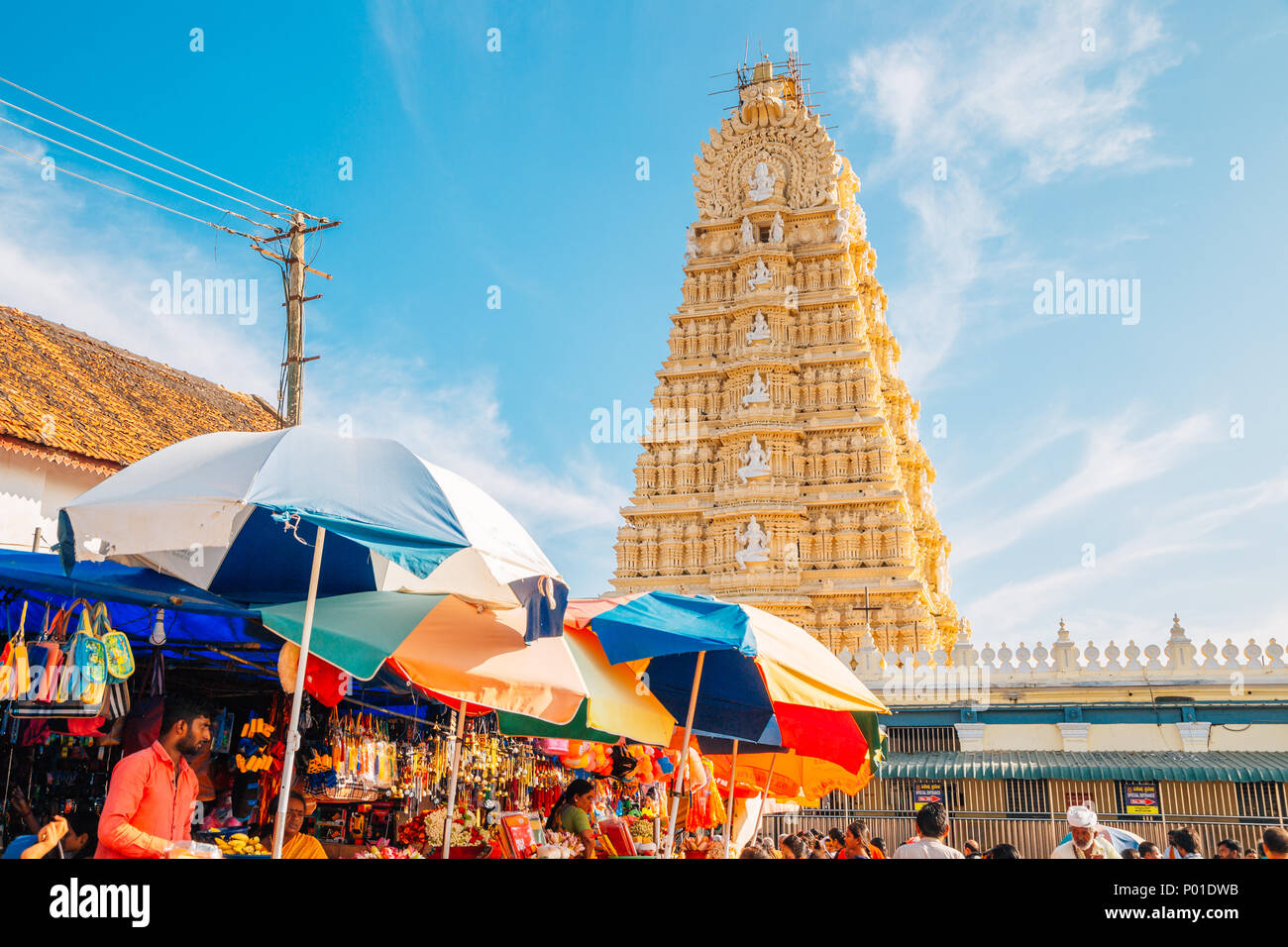 Mysore, India - December 30, 2017 : Sri Chamundeshwari Temple and street market Stock Photo