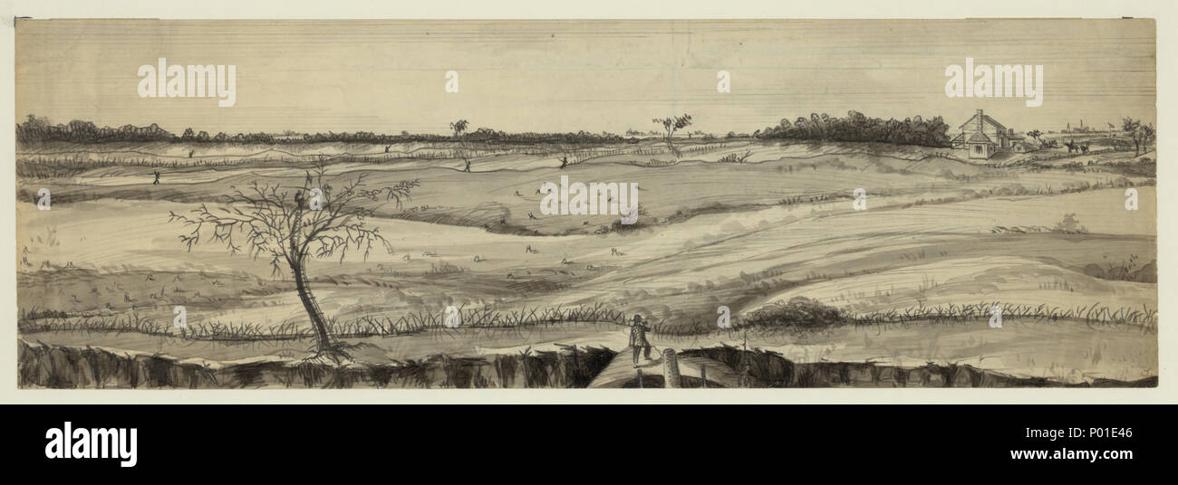 . English: Title: Appearance of the Union and Rebel lines at the 'Front,' from the Parapet of Fort Fisher, Mar. 28 showing the territory gained by the 2nd and 6th, Army Corps after the rebel attack on the 25th inst., with Petersburgh [sic] in the distance / 3 miles only / on the right Abstract/medium: 1 drawing on cream paper : pencil and black ink wash ; 11.2 x 34.2 cm. (sheet).  . 1865. Nestell, artist 373 Appearance of the Union and Rebel lines at the &quot;Front,&quot; from the Parapet of Fort Fisher, Mar. 28 showing the territory gained by the 2nd and 6th, Army Corps after the rebel attac Stock Photo