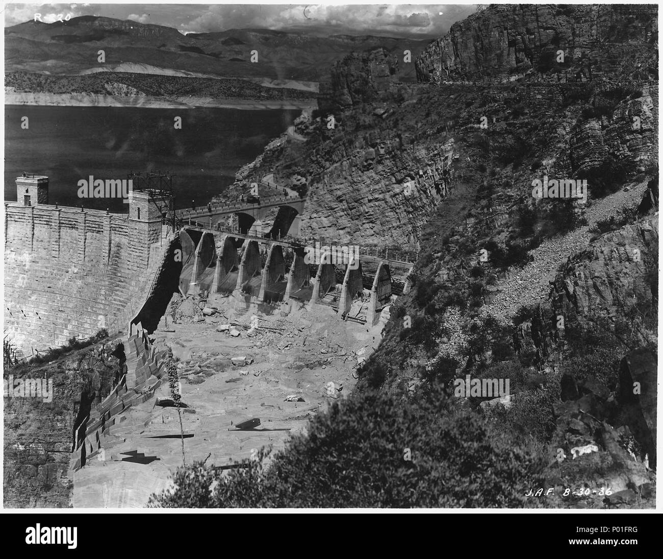 Roosevelt Dam. View of south spillway looking downstream. Note concrete