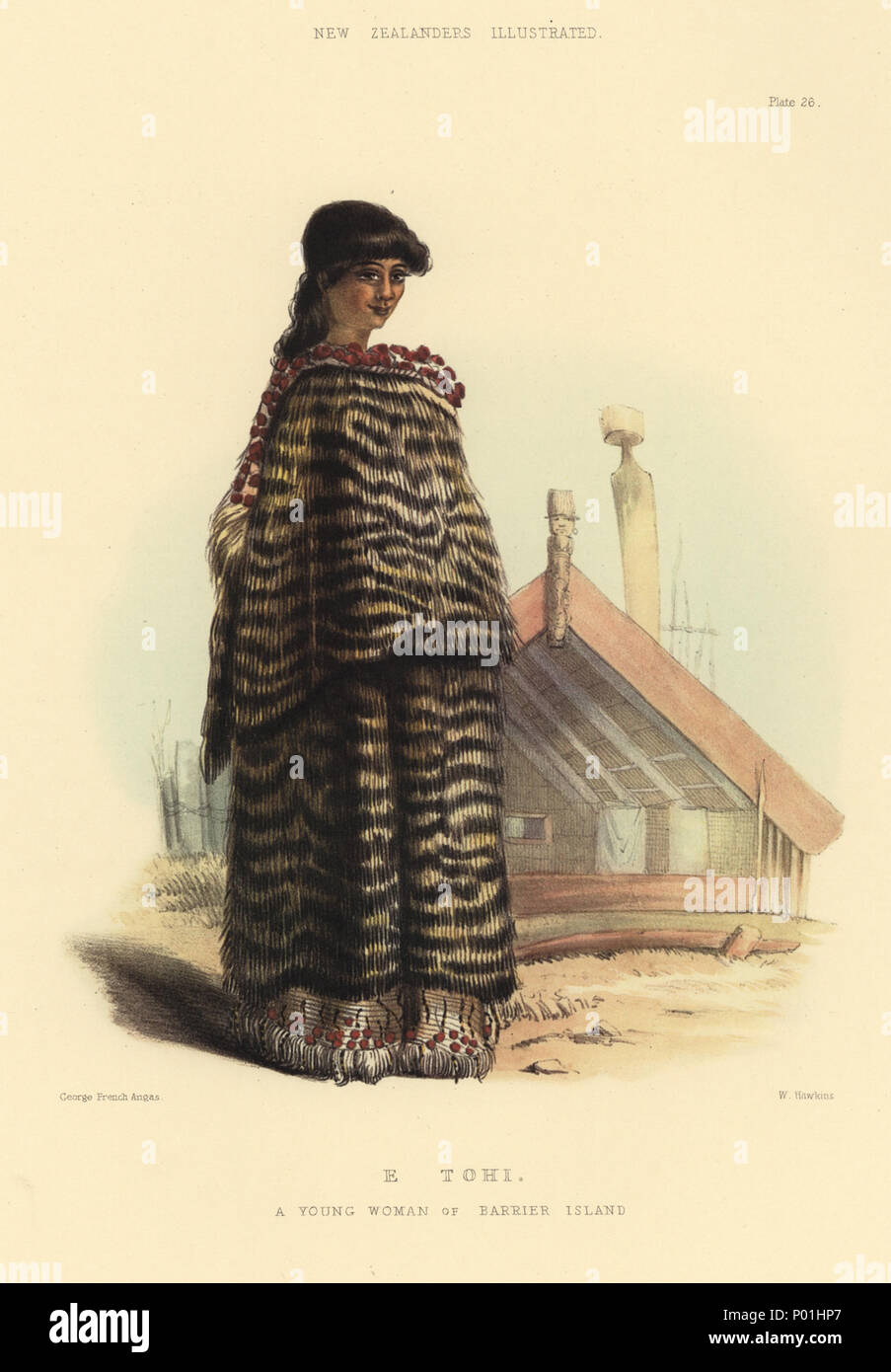 . English: E TOHI. A YOUNG WOMAN OF BARRIER ISLAND. [Image of page 63] PLATE XXVI. E TOHI, A YOUNG WOMAN OF BARRIER ISLAND. THIS portrait shews the manner in which the hair is usually worn over the forehead by the unmarried girls of New Zealand. The dress consists of a magnificent Kakahu of strings of rolled flax, dyed black at alternate intervals^ and bordered at the top by bosses of scarlet wool; this is worn over a finer description of garment, also made entirely of flax, and ornamented with rolled strings and tufts of wool. Although formerly the natives used feathers for the decorations of Stock Photo