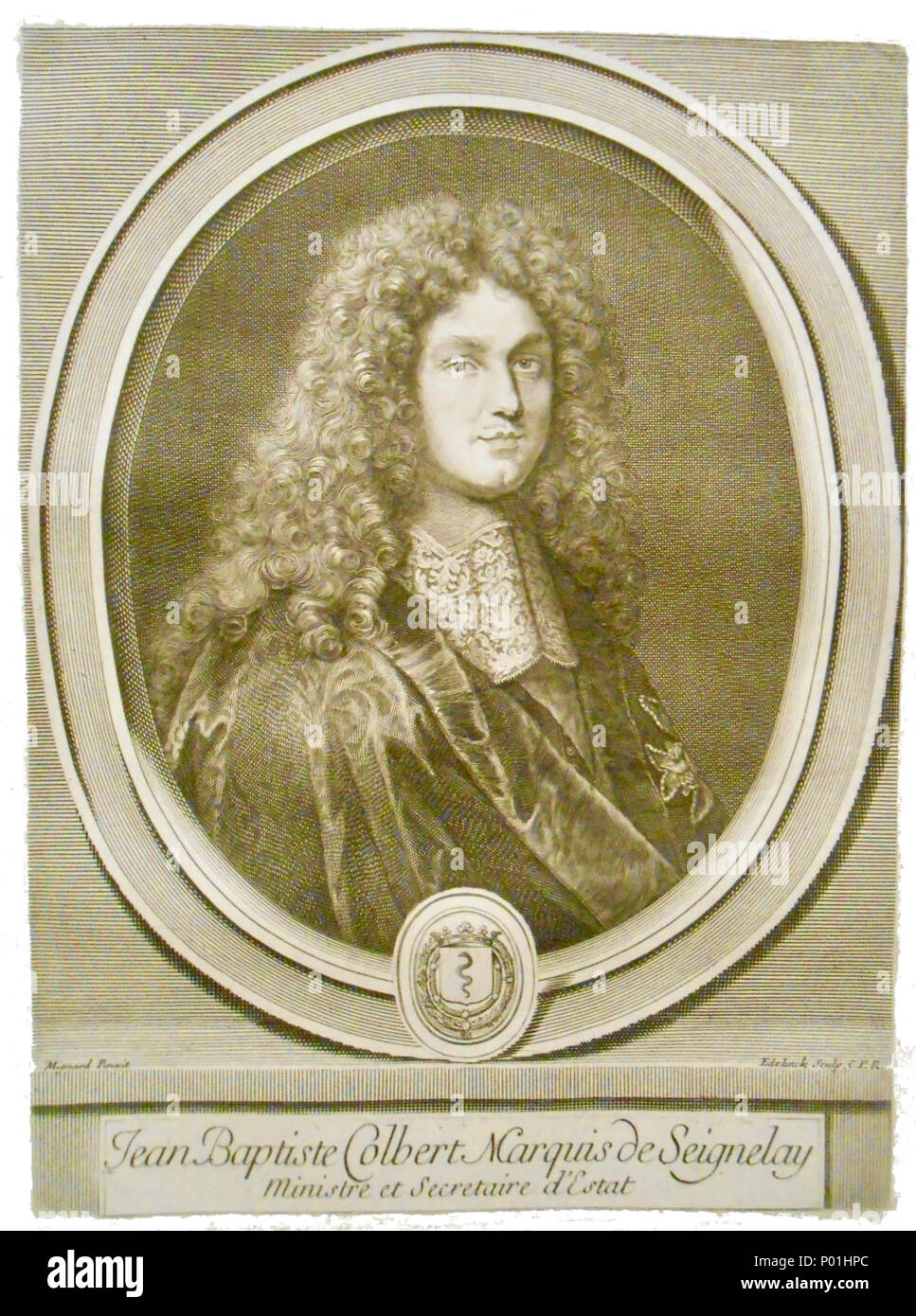 . English: A portrait of Jean Baptiste Colbert, Marquis de Seignelay, French minister of state, a print from a copper-plate engraving 8 Edelinck Colbert Stock Photo