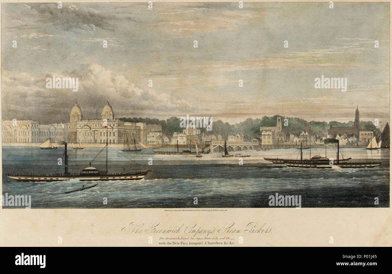 . English: The Greenwich Company's Steam Packets, The Greenwich, Royal Tar, Gipsy, Water Lily and Fly - with the New Pier, Hospital, Churches &c &c. Coloured lithograph by William Ranwell, c. 1840. Greenwich gained its first pier in 1836 and George Basevi's St Mary's Church, which can be seen behind it in the centre was built in 1839 (demolished 1936, only the St Mary's gate of the Park preserves its name, with the statue of Wiliam IV now on the site). The buildings along Fisher Lane, to the left of the Pier here ending with the old Ship Tavern, were also demolished in the early 1840s and cert Stock Photo
