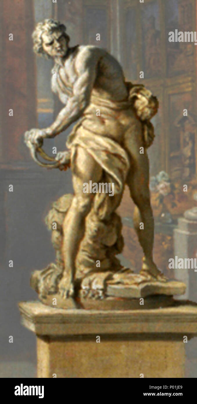 . Depiction of Bernini's David (1623-4) in Giovanni Paolo Pannini's Picture gallery with views of modern Rome (1759). Adjustments made: cropped, background exposure dimmed, and contrast in the sculpture heightened.  . Painting 1759, sculpture 1623-4. Bernini and Pannini 17 Panini Bernini cropped Stock Photo