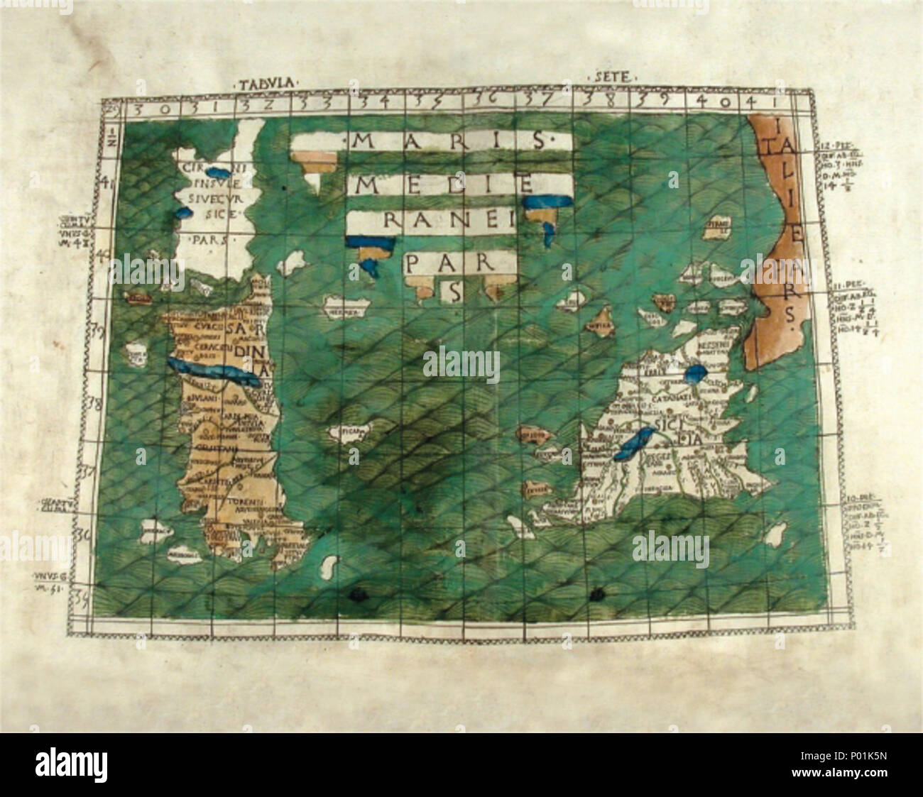 . English: The Eighth Map from the Bologna Ptolemy, with its numbering still uncorrected. Sardinia and Sicily.  . 1477. 1477 19 Tabula Sete Stock Photo