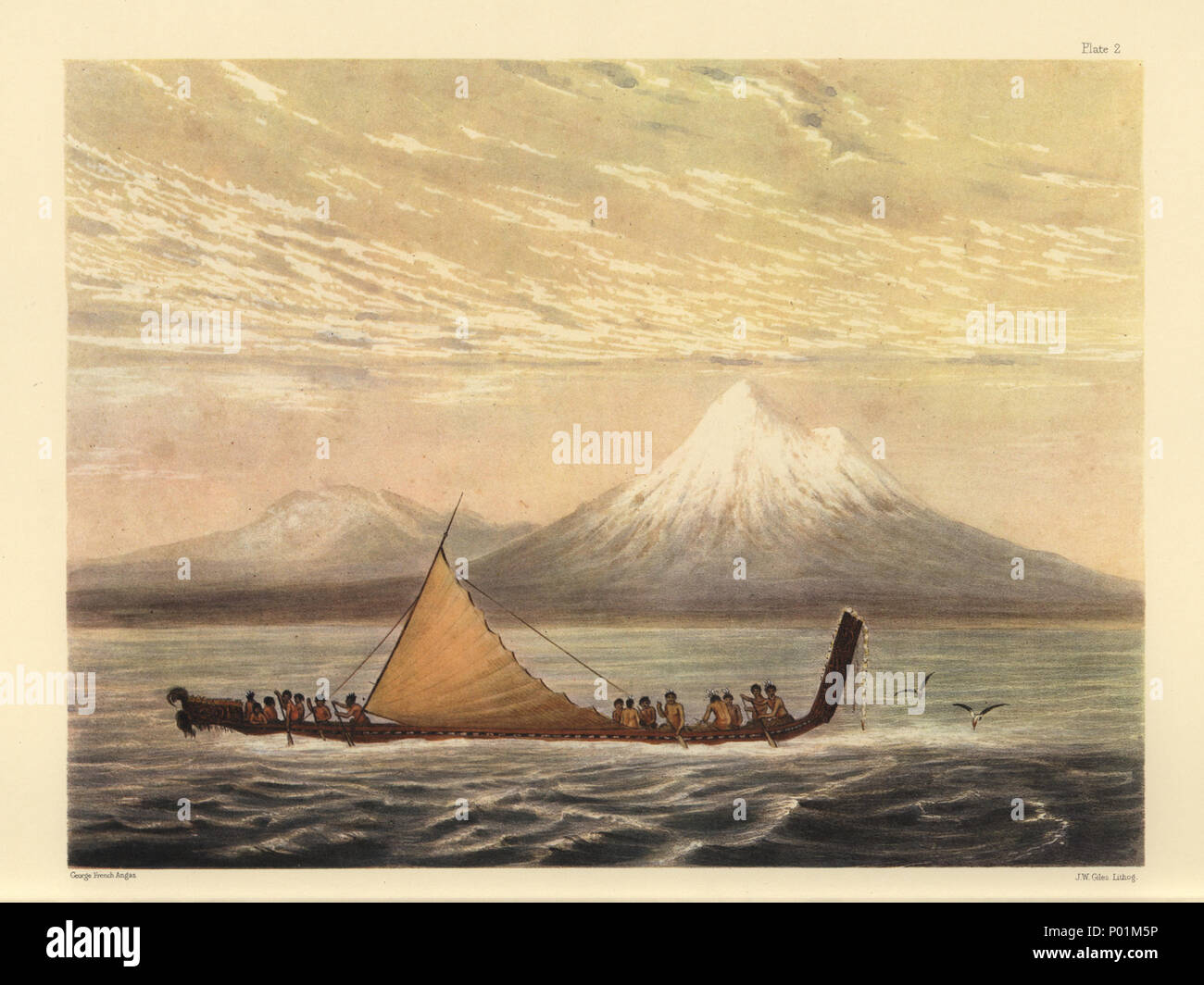 . English: TARANAKI, OR MOUNT EGMONT. [Image of page 15] PLATE II. TARANAKI, OR MOUNT EGMONT. THIS lofty mountain rears its snow-clad summit as a mighty beacon over the blue Pacific-- it is an extinct volcano, and its height, as estimated by Dr. Dieffenbach, is 8839 feet--the lowest point at which the snow is perpetual, is calculated at 1635 feet from the summit. Mount Egmont, like the volcano of Tongariro, and other high mountains, is made 'tapu,' or sacred, by the New Zealanders, who have some strange tales and legends respecting it: they affirm that Tongariro and Taranaki are brother and si Stock Photo