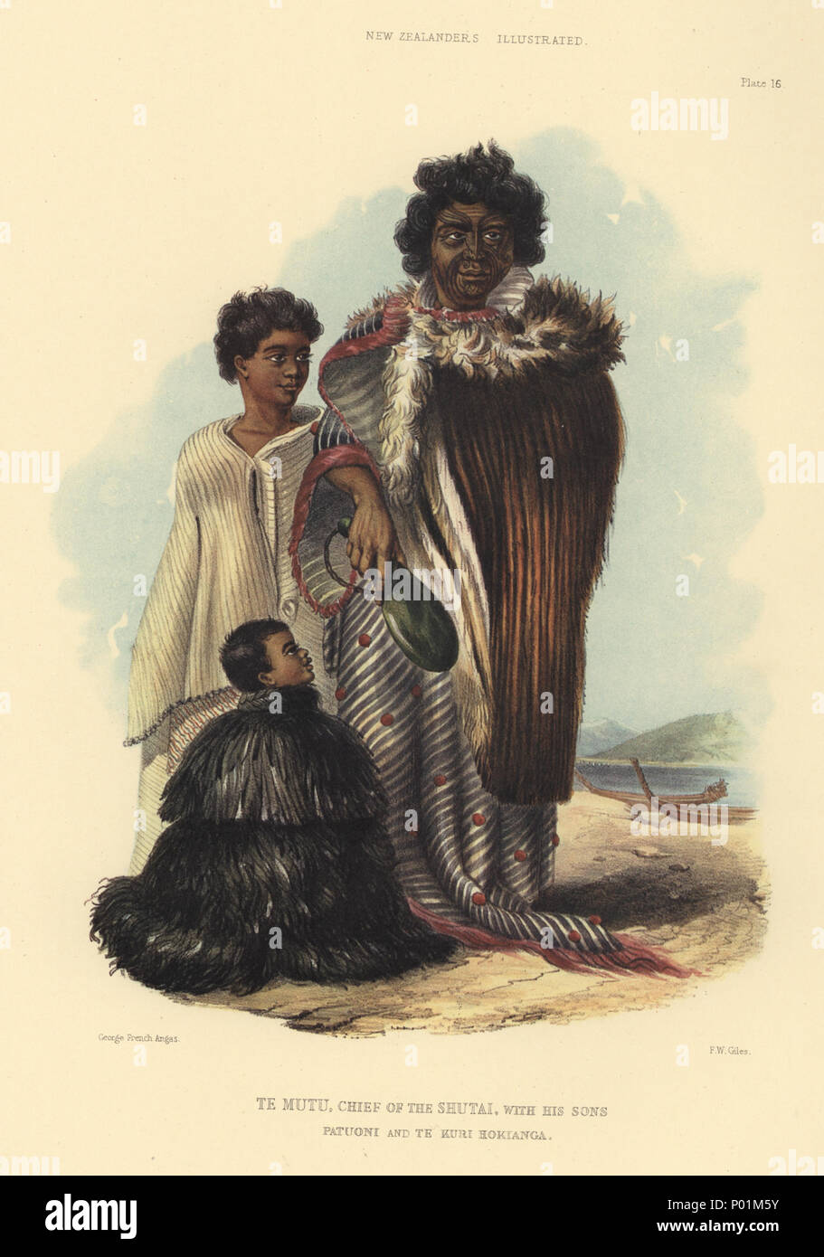 English Te Mutu Chief Of The Ihutai With His Sons Patuoni And Te Kuri Hokianga Image Of Page 43 Plate Xvi Te Mutu With His Sons Patuone And Te Kuri Te