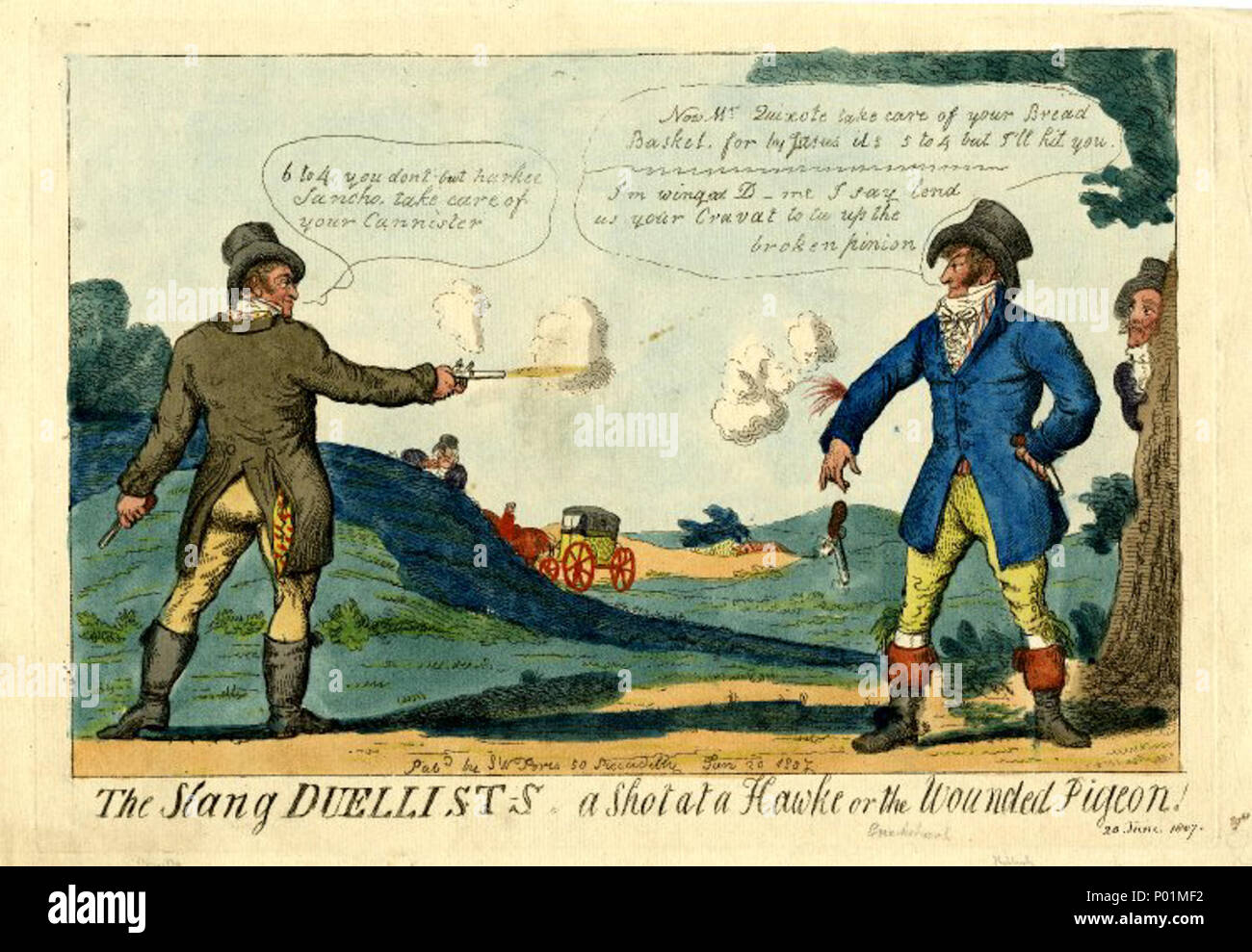 . English: The slang duellist-s a shot at a hawke or the wounded pigeon! The duel between Mr Hawke and Mr (Harry) Mellish. 1807. Caricature by Isaac Cruikshank (1756-1811). Artist dead for over 200 years.  . 19 March 2013, 19:44:39.   Isaac Cruikshank  (1764–1811)     Description Scottish painter and caricaturist  Date of birth/death 1756 April 1811  Location of birth/death Edinburgh London  Work location London  Authority control  : Q3154738 VIAF:?107045019 ISNI:?0000 0000 8012 2606 ULAN:?500005958 LCCN:?n94004259 GND:?119201623 WorldCat 24 The slang duellist-s a shot at a hawke or the wounde Stock Photo