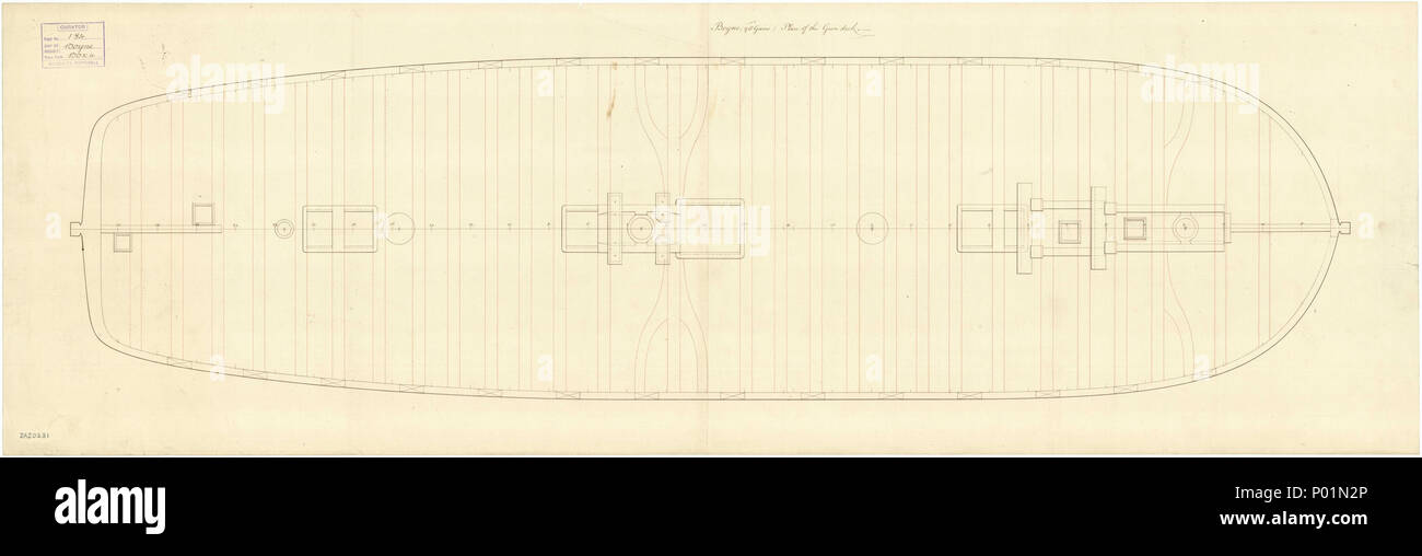 .  English: 'Boyne' (1790) Scale: 1:48. Plan showing the gun deck (lower deck) for 'Boyne' (1790), a 98-gun Second Rate, three-decker, building at Woolwich Dockyard. 'Boyne' (1790) 2 'Boyne' (1790) RMG J1688 Stock Photo