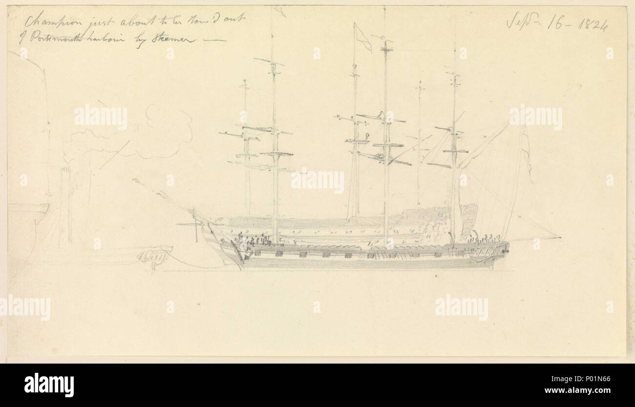 English: 'Champion' just about to be towed of Portsmouth Harbour by steamer, 1824 No. 20 of 73 (PAI0889 - PAI0961) Darwing inscribed in the upper 'Champion just about