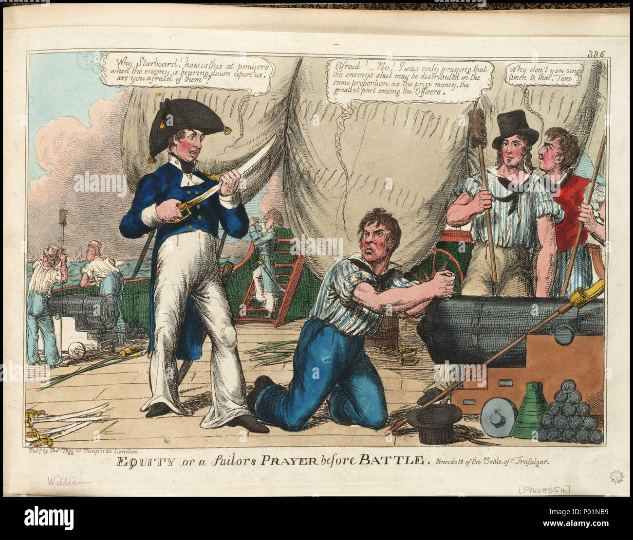 .  English: 'Equity or a Sailor's Prayer before Battle. Anecdote of the Battle of Trafalgar' (caricature) Hand-coloured.; No.42. Bound in album PAG8512 with prints PAG8513-PAG8647; PAG8649- PAG8666. A post-Trafalgar satire showing a scene of the deck of a British vessel. It offers an unusually adversarial stance taken from the perspective of the lower-deck sailor. With cannon being prepared, the tar is shown on his knees at prayer. At this, one of the officers remarks ‘Why Starboard! how is this at prayers when the enemy is bearing down upon us; are you afraid of them?’ ‘Starboard’ replies ‘Af Stock Photo