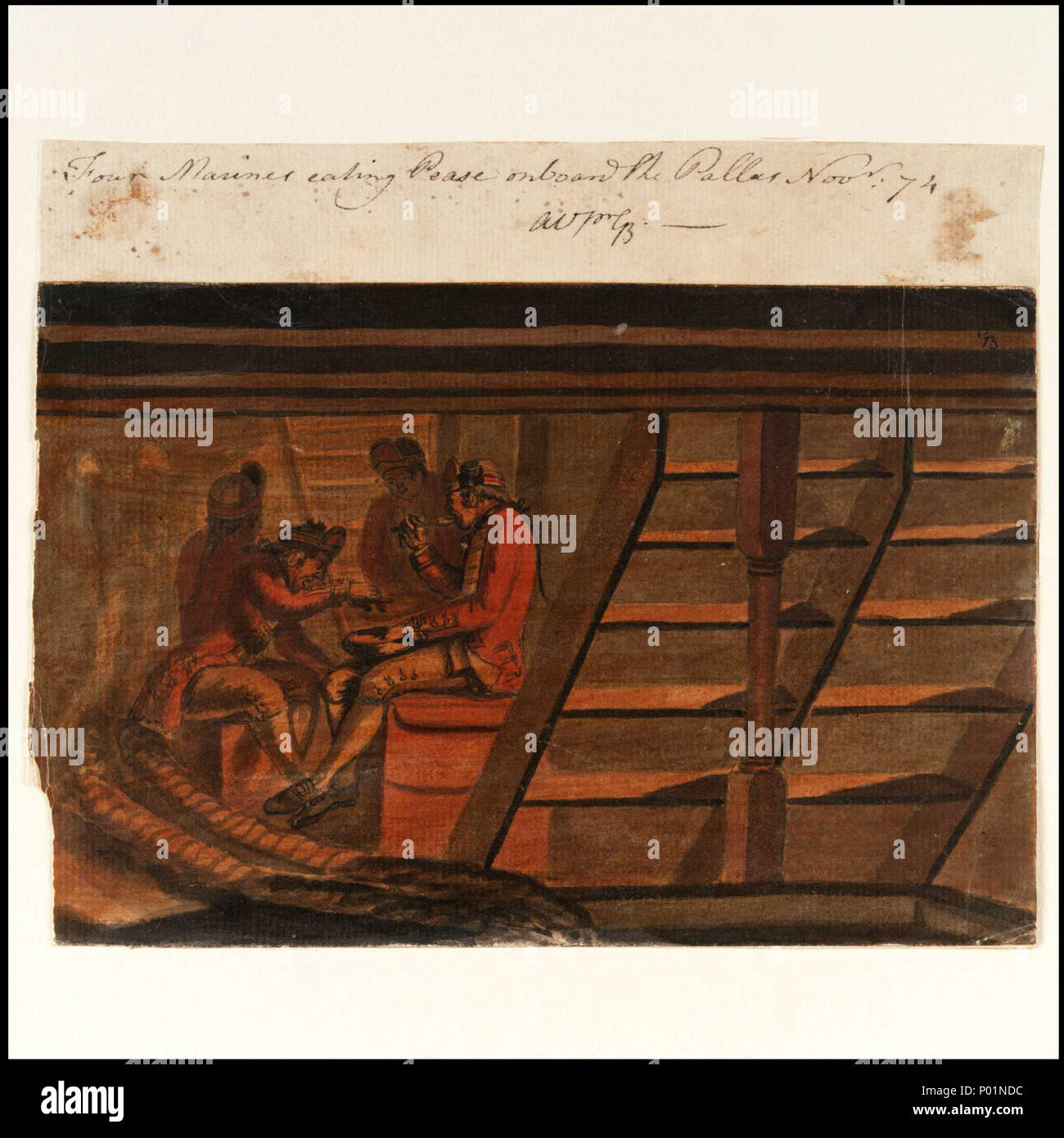 .  English: 'Four Marines eating Pease on board the Pallas, Novr 74' [Bray album] No. 18 of 74 (PAJ1976 - PAJ2049) A drawing of four marines signed 'AVprGB' (to the life by Gabriel Bray). It shows fully uniformed marines - probably a 'mess' of four - below an upper deck hatchway on the 'Pallas'. The two visibly eating are seated on sea chests and the meal could be pease pottage (or pudding) - a porridge of dried split peas baked with water and seasoning. The drawing was, however, probably made while the 'Pallas' was at Portsmouth. This is one of 73 drawings by Bray (plus one signed 'NF 1782')  Stock Photo