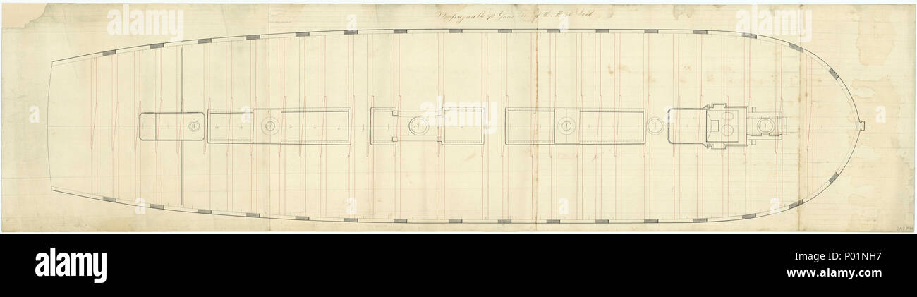 .  English: 'Impregnable' (1786) Plan showing the middle deck for Impregnable (1786). From Tyne & Wear Archives Service, Blandford House, Blandford Square, Newcastle upon Tyne, NE1 4JA. IMPREGNABLE 1786 4 'Impregnable' (1786) RMG J7929 Stock Photo