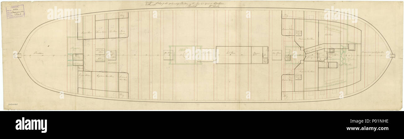 .  English: 'Impregnable' (1810) Scale 1:48. Plan showing the orlop deck with fore and aft platforms for 'Impregnable' (1810), a 90-gun Second Rate, three-decker, building at Chatham Dockyard. The plan includes pencil annotations relating to the planking. Signed by John Henslow [Surveyor of the Navy, 1784-1806] and William Rule [Surveyor of the Navy, 1793-1813]. 'Impregnable' (1810) 4 'Impregnable' (1810) RMG J1644 Stock Photo