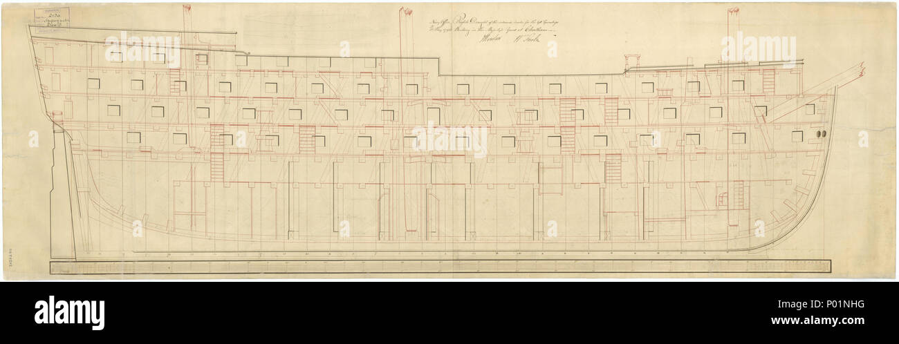 .  English: 'Impregnable' (1810) Scale 1:48. Plan showing the inboard profile for 'Impregnable' (1810), a 90-gun Second Rate three-decker building at Chatham Dockyard. The plan includes diagonal riders and bracing, which may be a later addition to the draught. Signed by John Henslow [Surveyor of the Navy, 1784-1806] and William Rule [Surveyor of the Navy, 1793-1813]. 'Impregnable' (1810) 4 'Impregnable' (1810) RMG J1640 Stock Photo