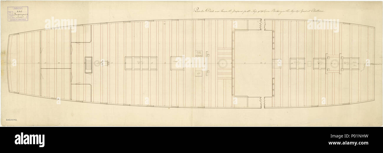 .  English: 'Impregnable' (1810) Scale 1:48. Plan showing the quarterdeck and forecastle proposed for 'Impregnable' (1810), a 90-gun Second Rate, three-decker building at Chatham. Signed by John Henslow [Surveyor of the Navy, 1784-1804] and William Rule [Surveyor of the Navy, 1793-1813]. 'Impregnable' (1810) 4 'Impregnable' (1810) RMG J1651 Stock Photo