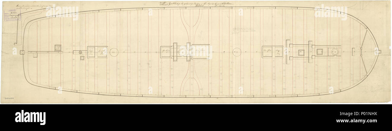 .  English: 'Impregnable' (1810) Scale 1:48. Plan showing the gun deck (lower deck) for 'Impregnable' (1810), a 90-gun Second Rate, three-decker, building at Chatham Dockyard. The plan includes pencil outlines of deck planking. Signed by John Henslow [Surveyor of the Navy, 1784-1806] and William Rule [Surveyor of the Navy, 1793-1813]. 'Impregnable' (1810) 4 'Impregnable' (1810) RMG J1646 Stock Photo