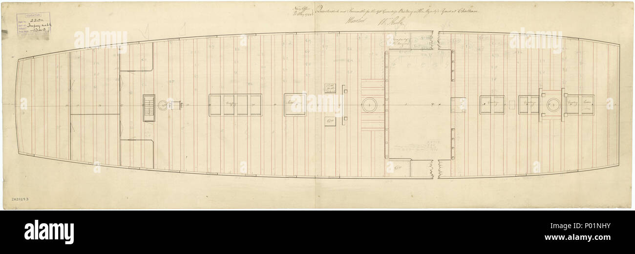 .  English: 'Impregnable' (1810) Scale 1:48. Plan showing the quarterdeck and forecastle for 'Impregnable' (1810), a 90-gun Second Rate, three-decker building at Chatham. The plan includes pencil outlines for some of the deck planking. Signed by John Henslow [Surveyor of the Navy, 1784-1804] and William Rule [Surveyor of the Navy, 1793-1813]. 'Impregnable' (1810) 4 'Impregnable' (1810) RMG J1652 Stock Photo