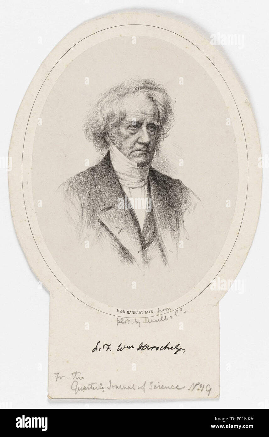 .  English: 'J.F. Wm. Herschel. For the Quarterly Journal of Science No.19' This image, of John FW Herschel as an eminent grey haired Victorian (he would have been in his 70s), was originally produced as the frontispiece to John FW Herschel's Catalogue of nebulae and clusters of stars (1864), an updated version of his father's work, with plates by M. & N. Hanhart. The image was subsequently used (in 1882) by the journal, the Quarterly Journal of Science No. 19. The Quarterly Journal of Science, later simply the Journal of Science was an academic journal produced in Edinburgh and edited first b Stock Photo