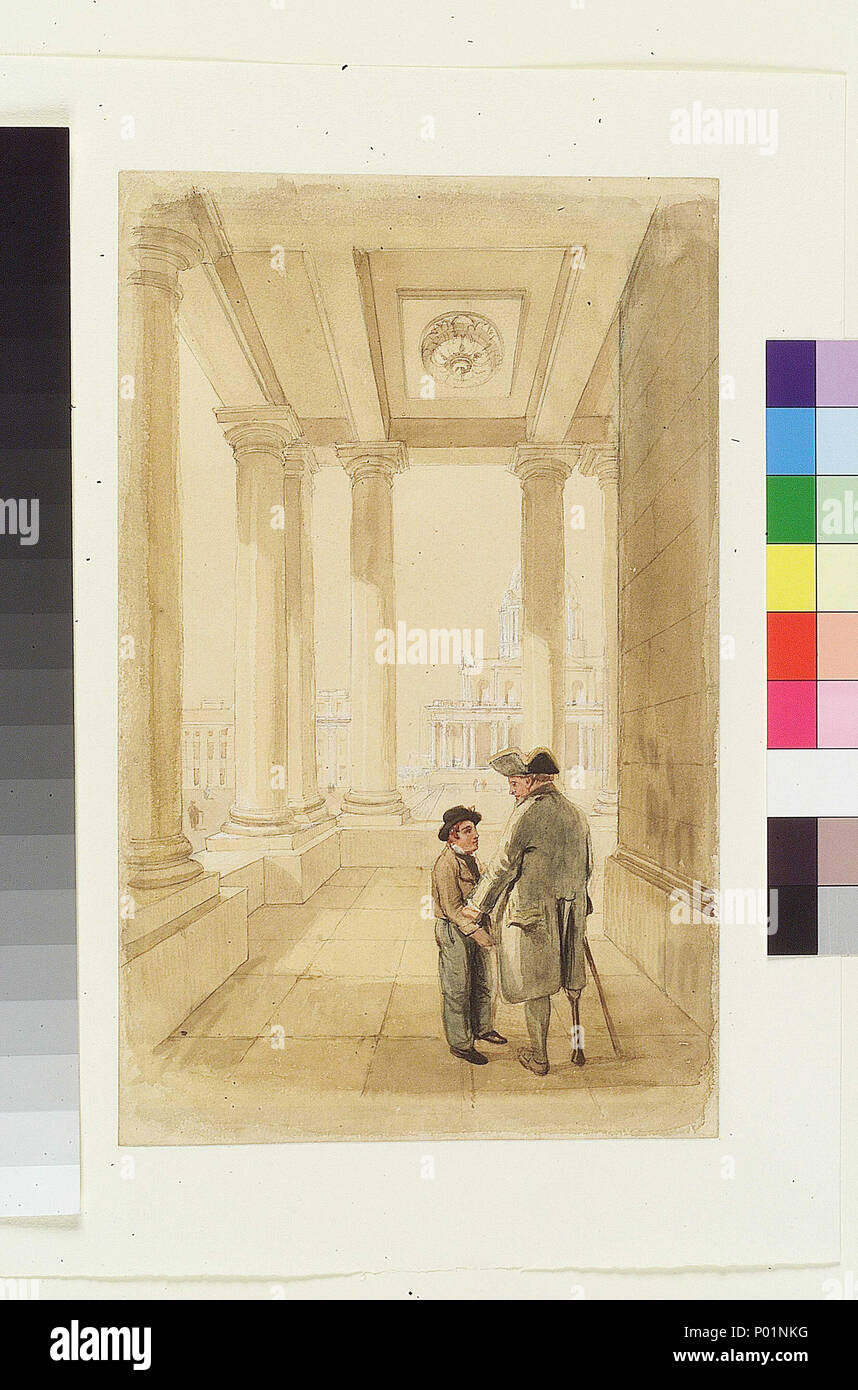 .  English: 'Jack and his father under the Colonnade' [Greenwich Hospital]. Original illustration to Marryat's 'Poor Jack' (1840)Tom Saunders, nicknamed 'Poor Jack', with his father, a Greenwich Pensioner, after losing his leg at the Battle of the Nile, 1798, in the north colonnade of the King William Court of Greenwich Hospital. The Painted Hall is to the right, with the dome and vestibule of the Queen Mary Court, and the south pavilions of the Queen Anne Court visible beyond. Wood-engraved by Henry Vizetelly, this appeared facing p. 214 in Chapter XXXI of Marryat's 'Poor Jack' (1840). PAF607 Stock Photo