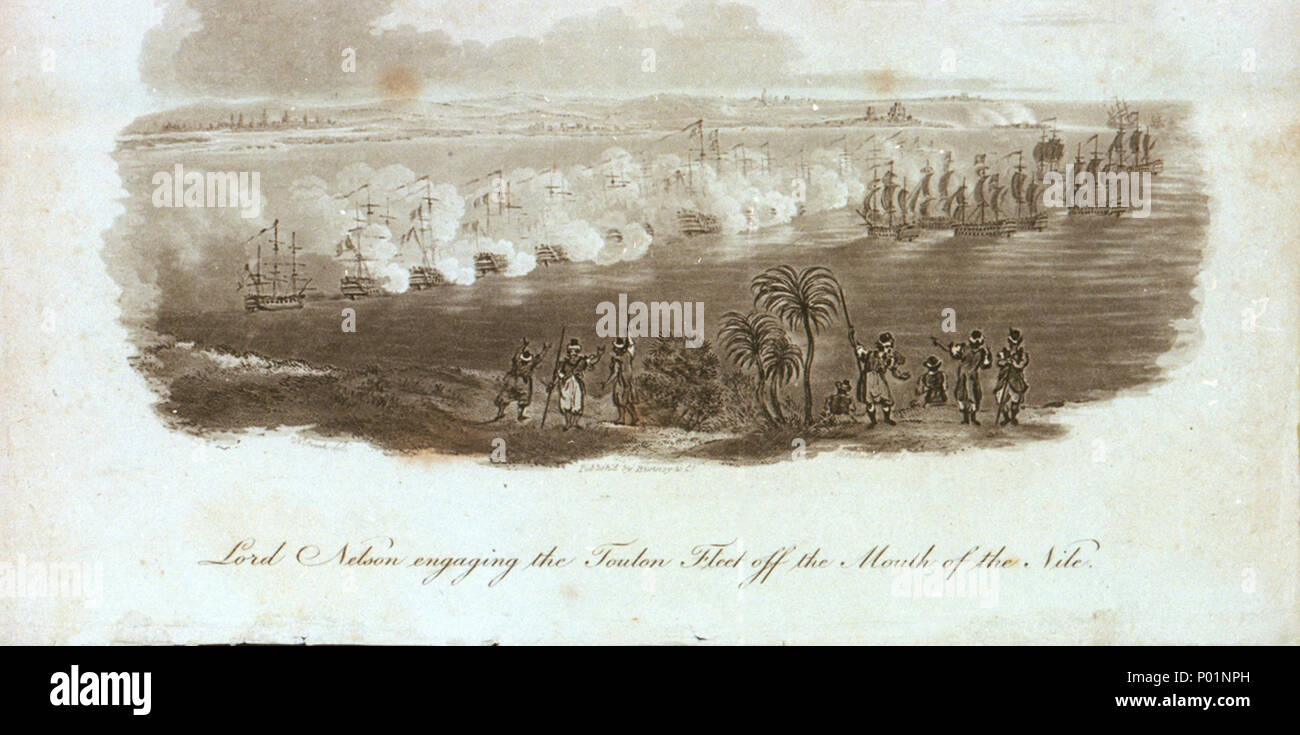 .  English: 'Lord Nelson engaging the Toulon Fleet off the Mouth of the Nile' This vignette aerial view of the Battle of the Nile, 1 August 1798, was published in the first issue of the 'Naval Chronicle' in 1799, effectively as plate III (f. p 42) although numbering did not start until plate V. A brief note on p. 42 states that the view is taken from the south-east looking west, with Rosetta in the distance beyond the Aboukir Fort. Later in the year, facing p. 521, the same journal published a 'Chart of the Bay of Aboukir', with a battle plan related to this illustration. This was also drawn u Stock Photo