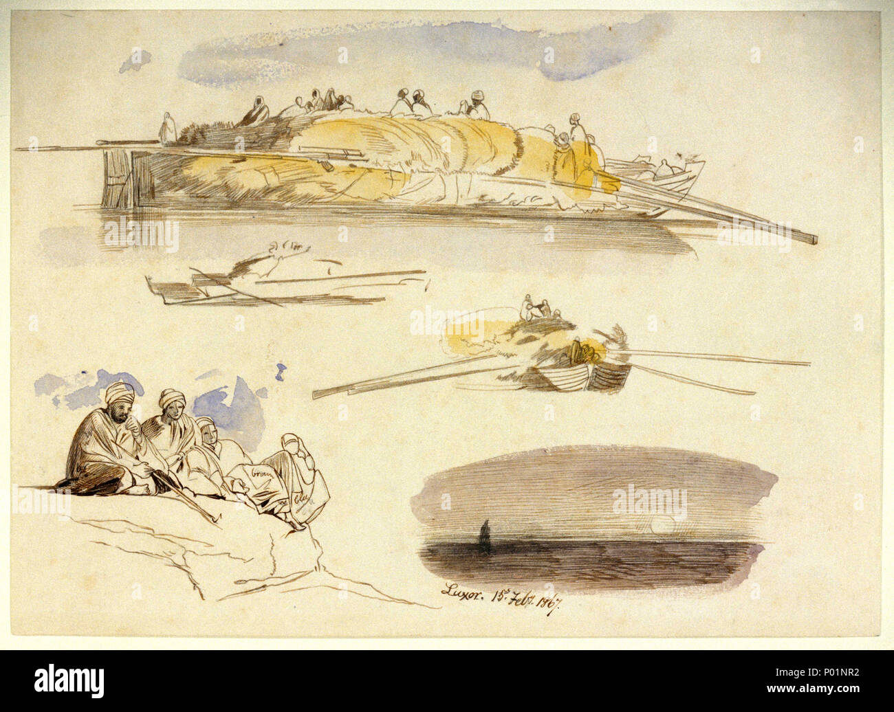 .  English: 'Luxor 15th Feby. 1867' During his third visit to Egypt in 1867 Edward Lear collected these five sketches. On the top of the paper are three separate images of a barge laden with straw. Underneath on the left is a scene of four seated Egyptians and of a landscape view near Luxor at dusk on the right. Although Lear worked in the tradition of British topographical art, his drawings leave behind its documentary attitude, which recorded landscape and geographical features for the benefit of their antiquarian and natural historical associations. If, as in the case of his Egyptian images Stock Photo