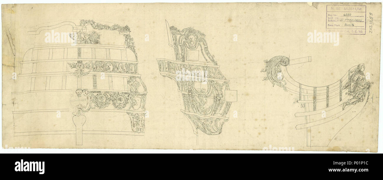 .  English: 'Monarch' (1747) Scale: 1:48. Plan showing the stern board with one half illustrating the decoration detail, the starboard quarter gallery with decoration, and the figurehead for 'Monarch' (1747), a captured French Third Rate, as taken off prior to fitting as a 74-gun Third Rate, two-decker. 'Monarch' (1747) 5 'Monarch' (1747) RMG J3201 Stock Photo