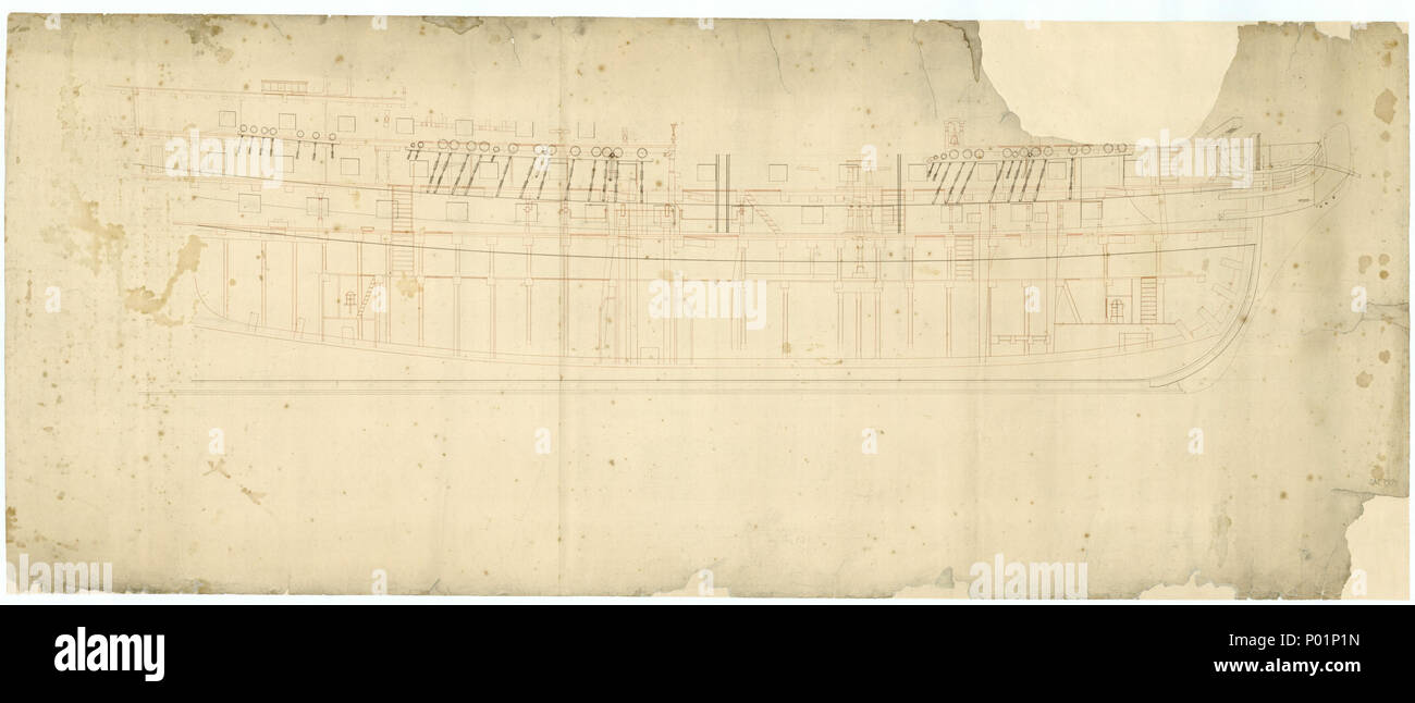 .  English: 'Monarch' (1765) Plan showing an incomplete inboard profile for Monarch (1765). From Tyne & Wear Archives Service, Blandford House, Blandford Square, Newcastle upon Tyne, NE1 4JA. MONARCH 1765 5 'Monarch' (1765) RMG J7666 Stock Photo
