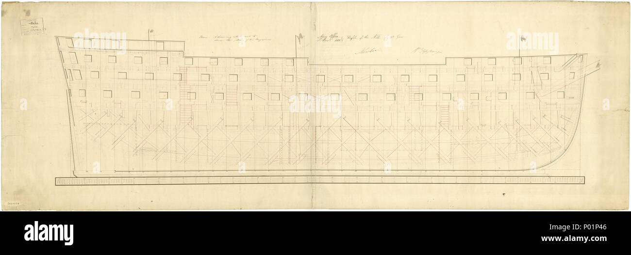 .  English: 'Nile' (1839) Scale 1:48. Plan showing the inboard profile plan illustrating Seppings' diagonal bracing for 'Nile' (1839), a 98-gun Second Rate, two-decker. Signed by Joseph Tucker [Surveyor of the Navy, 1813-1831] and Robert Seppings [Surveyor of the Navy, 1813-1832]. 'Nile' (1839) 5 'Nile' (1839) RMG J1680 Stock Photo