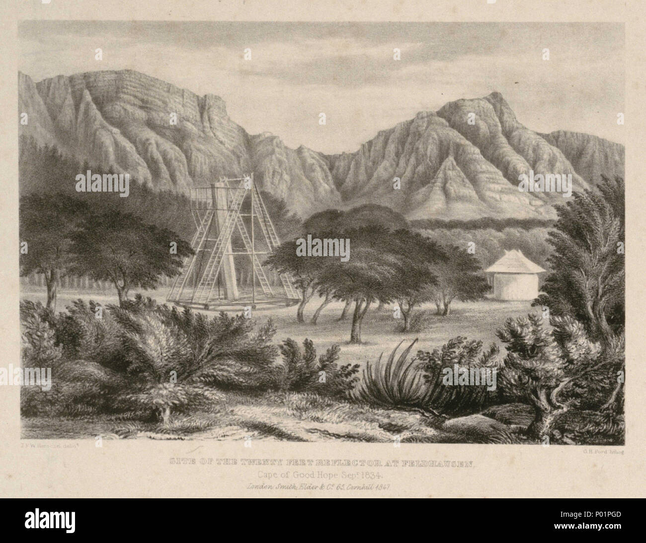 .  English: 'Site of the Twenty Feet Reflector at Feldhausen. Cape of Good Hope Sept 1834' This print of the Herschels' 20ft telescope at Feldhausen, Cape of Good Hope, was the frontispiece for John F. W. Herschel's Results of Astronomical Observations Made During the Years 1834, 5, 6, 7, 8 At the Cape of Good Hope, published in 1847. The drawing was done by John FW Herschel, probably using his camera lucida. It was then engraved by George Henry Ford and printed by the publishers Smith, Elder & Co. Feldhausen was the name of the house John and his wife Margaret bought to live in for the durati Stock Photo